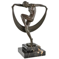 Art Deco Sculpture Nude Scarf Dancer FOLIE Denis France 1930 original.