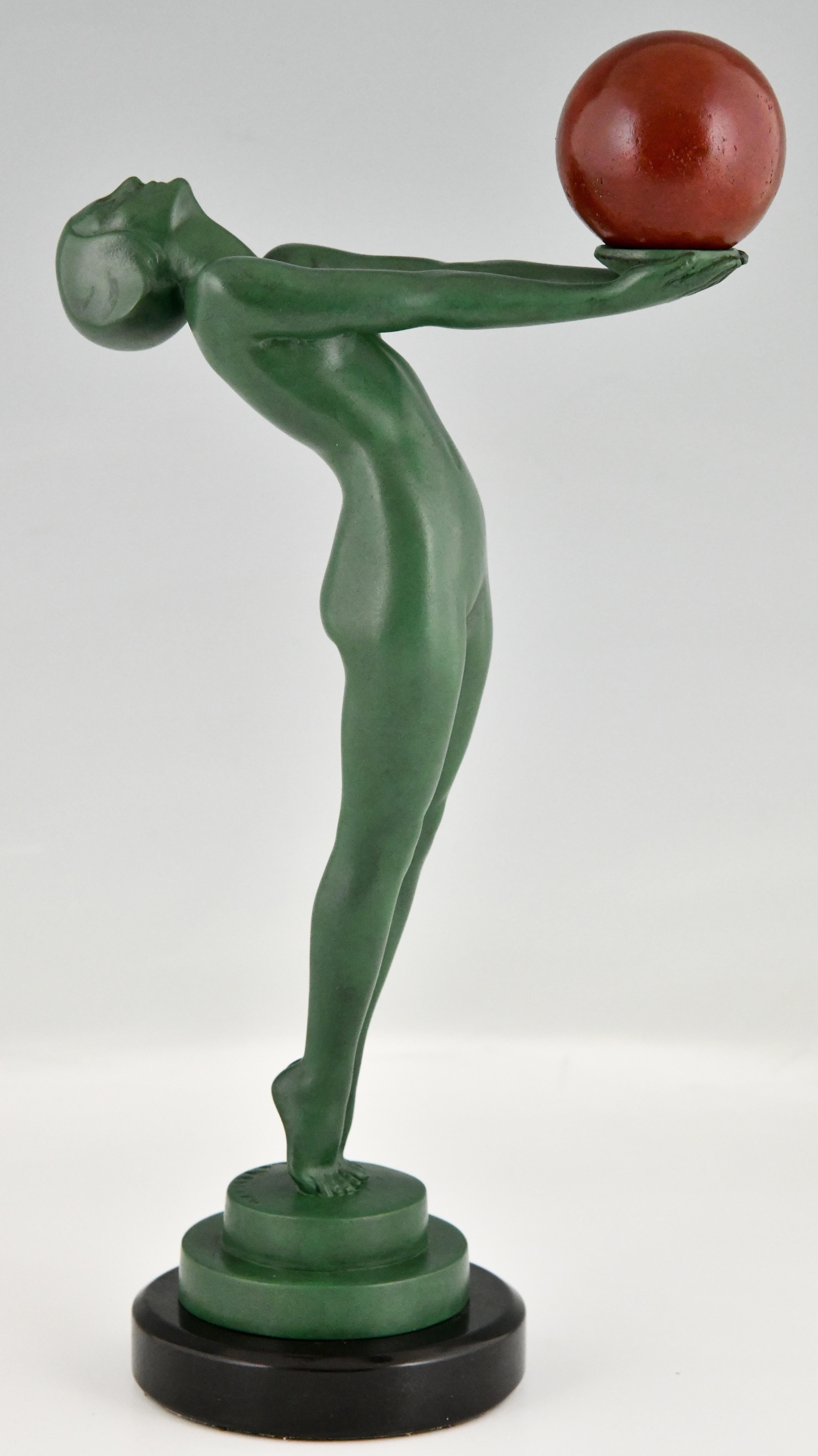 Art Deco sculpture nude with ball signed by Max Le Verrier. 
The sculpture is cast in Art metal with green patina and stands on a black marble base
France 1930. 
Art Deco sculpture nude with ball signed by Max Le Verrier. 
The sculpture is cast