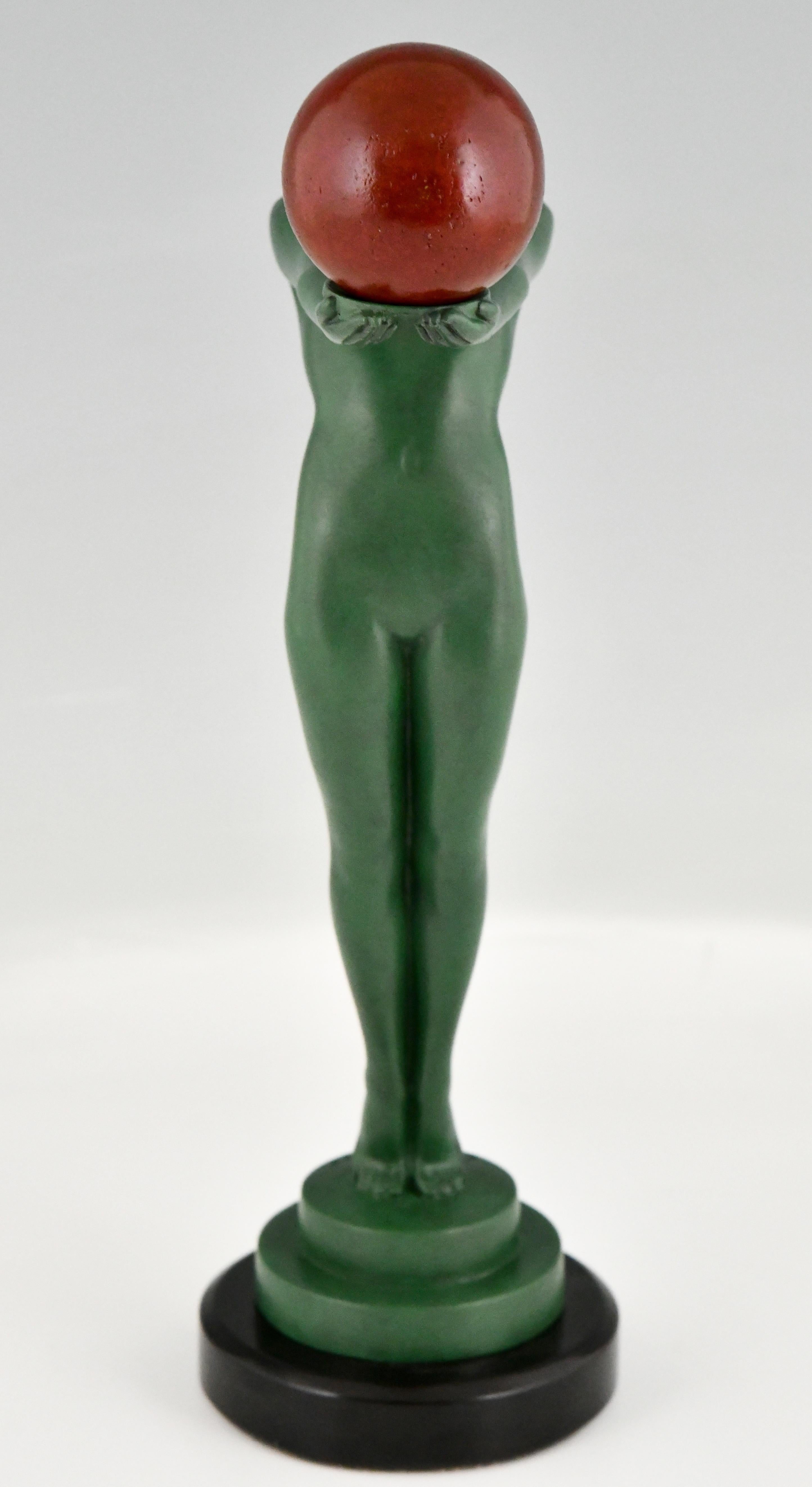 Patinated Art Deco Sculpture Nude with Ball Signed by Max Le Verrier France 1930