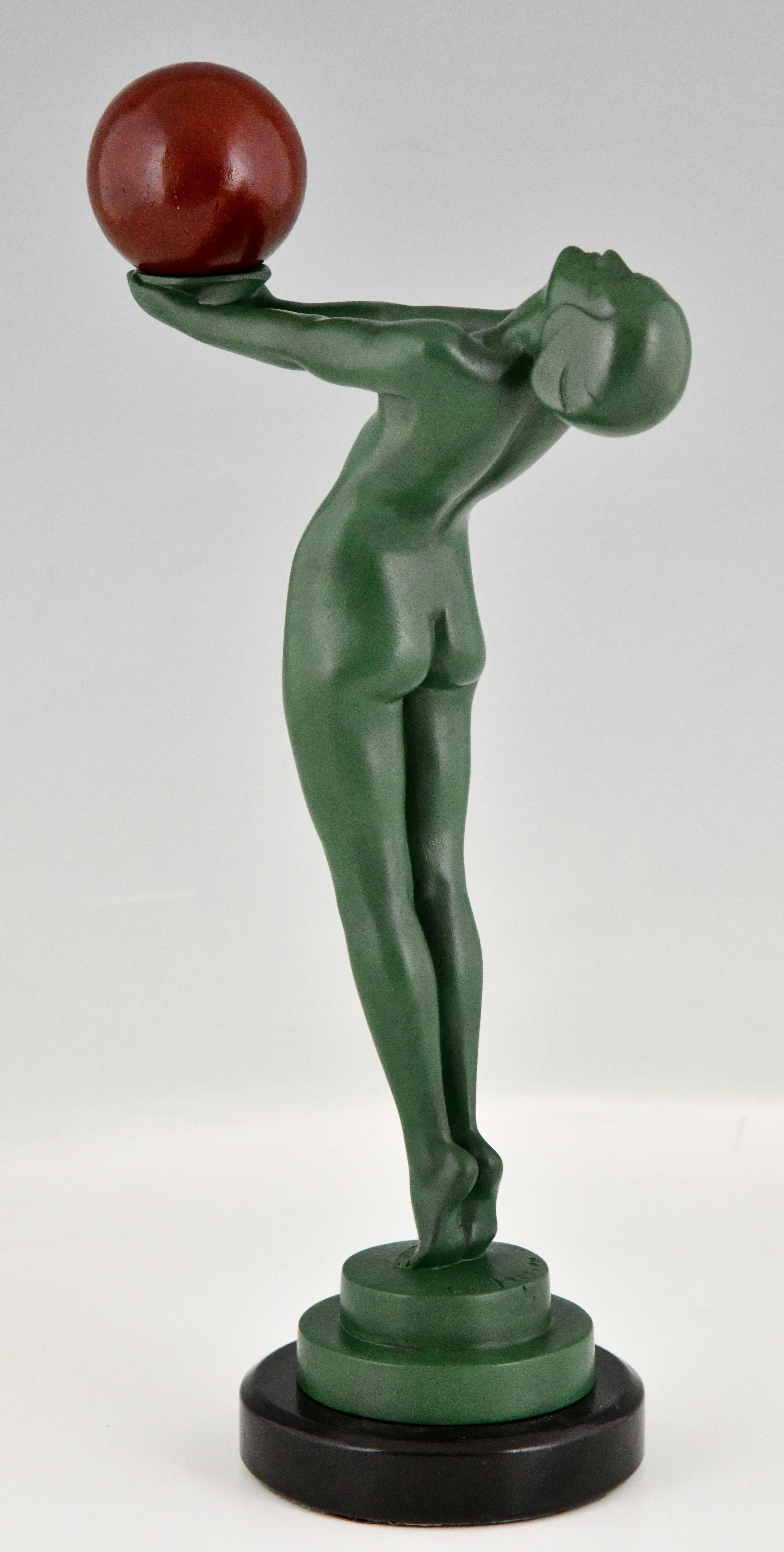 Belgian Black Marble Art Deco Sculpture Nude with Ball Signed by Max Le Verrier France 1930