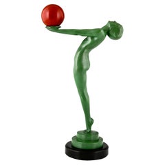 Vintage Art Deco sculpture nude with ball signed by Max Le Verrier, France 1930. 