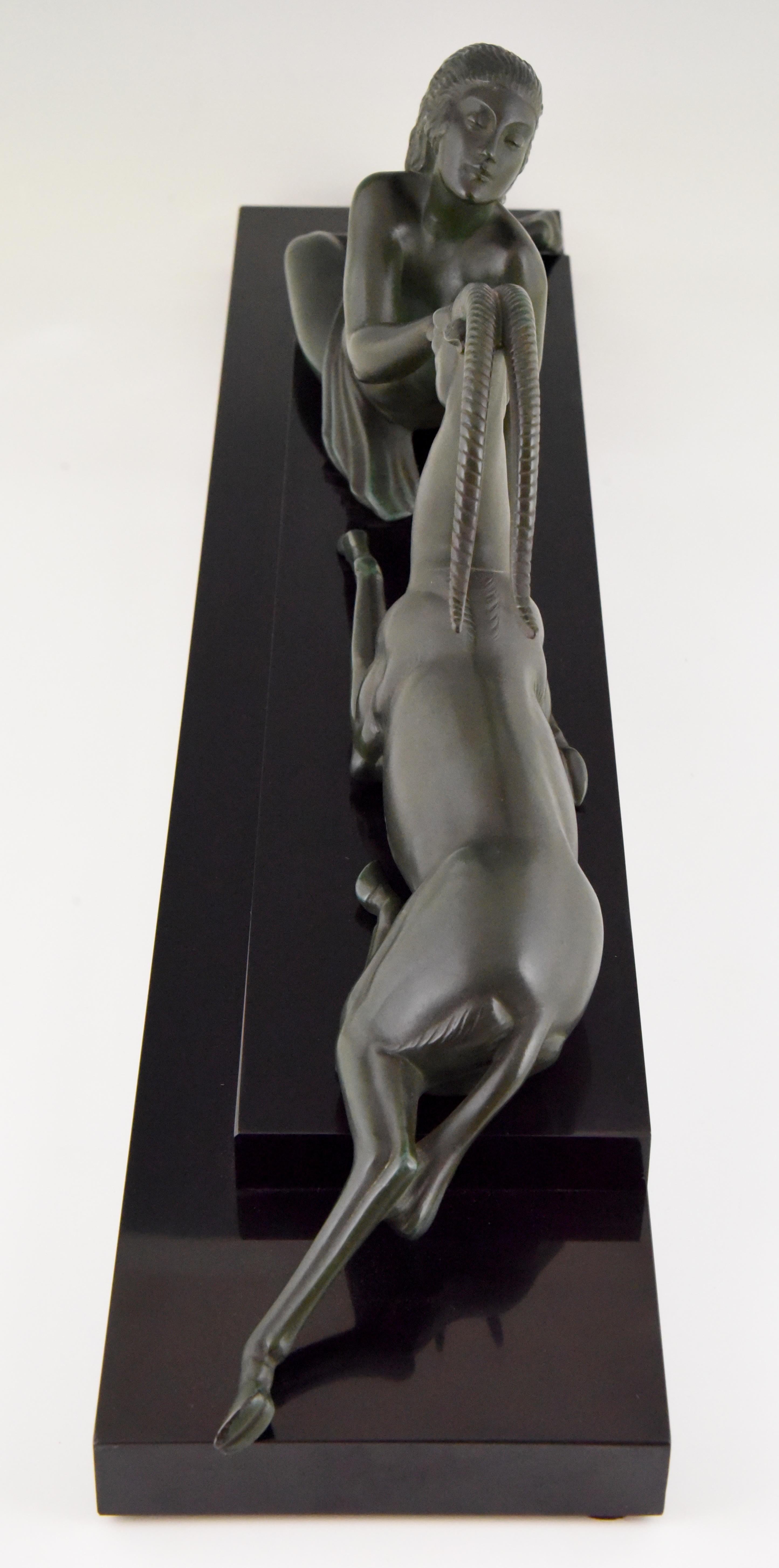 French Art Deco Sculpture Nude with Gazelle Seduction by Fayral Pierre Le Faguays