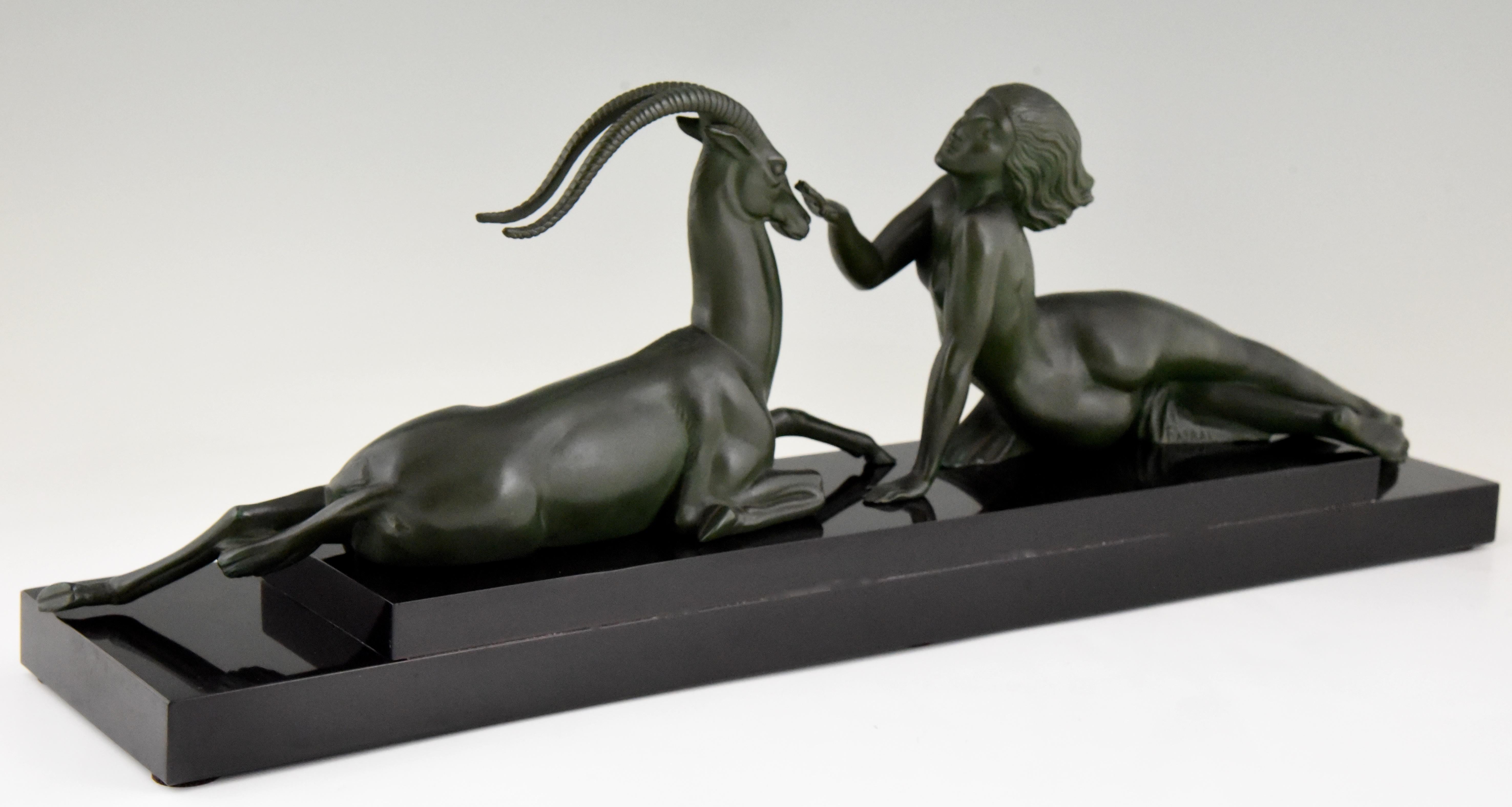 Patinated Art Deco Sculpture Nude with Gazelle Seduction by Fayral Pierre Le Faguays
