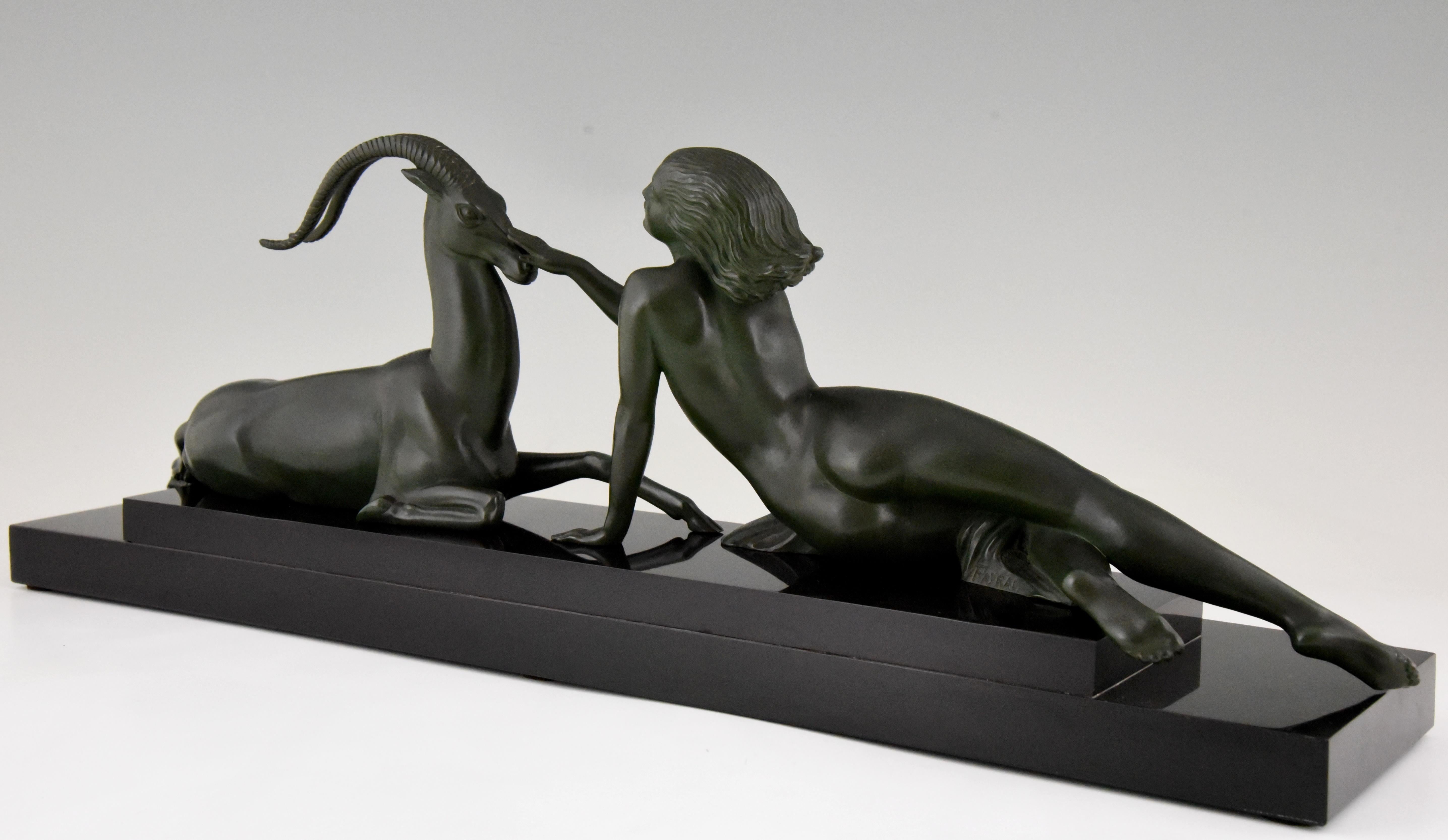 20th Century Art Deco Sculpture Nude with Gazelle Seduction by Fayral Pierre Le Faguays