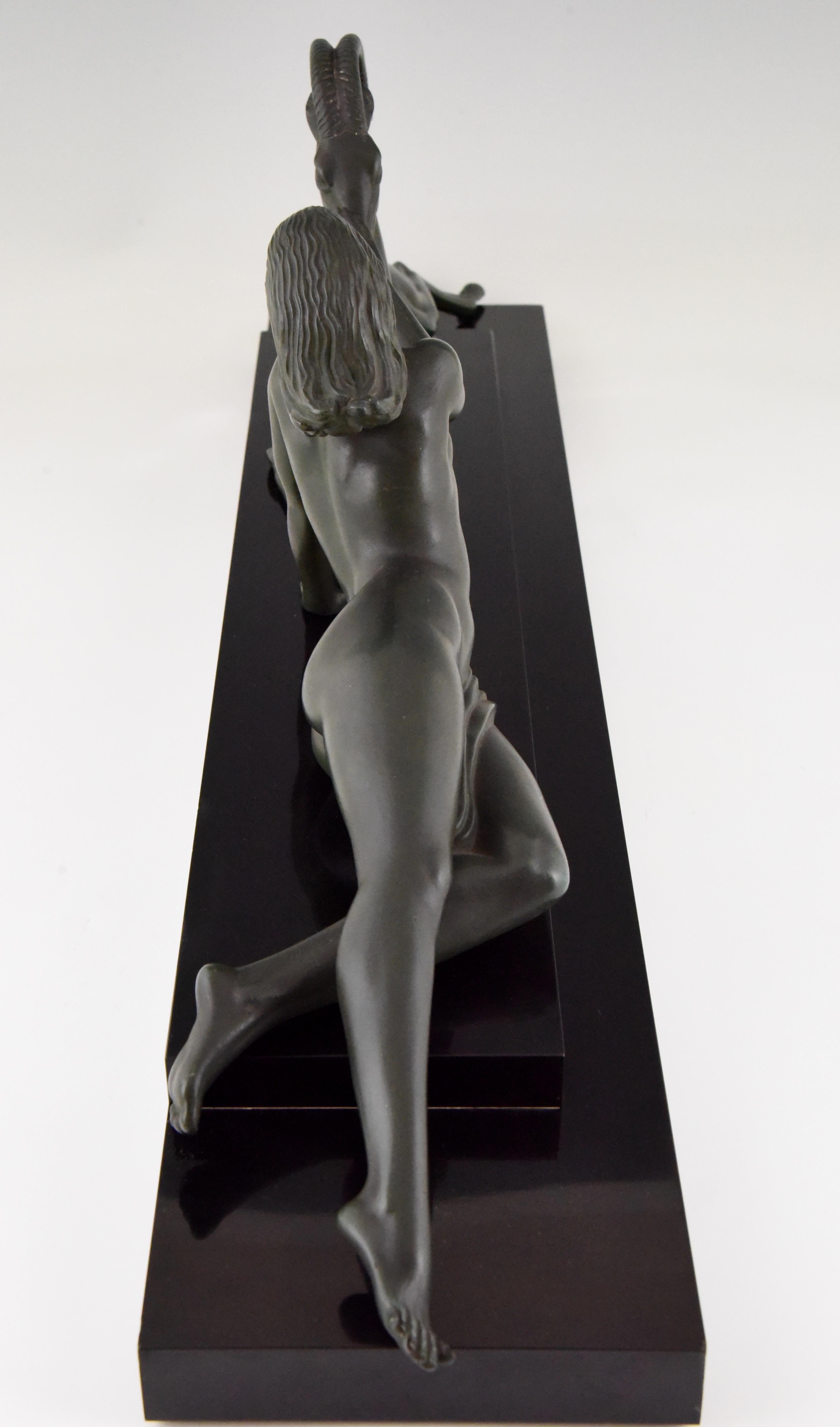 Metal Art Deco Sculpture Nude with Gazelle Seduction by Fayral Pierre Le Faguays