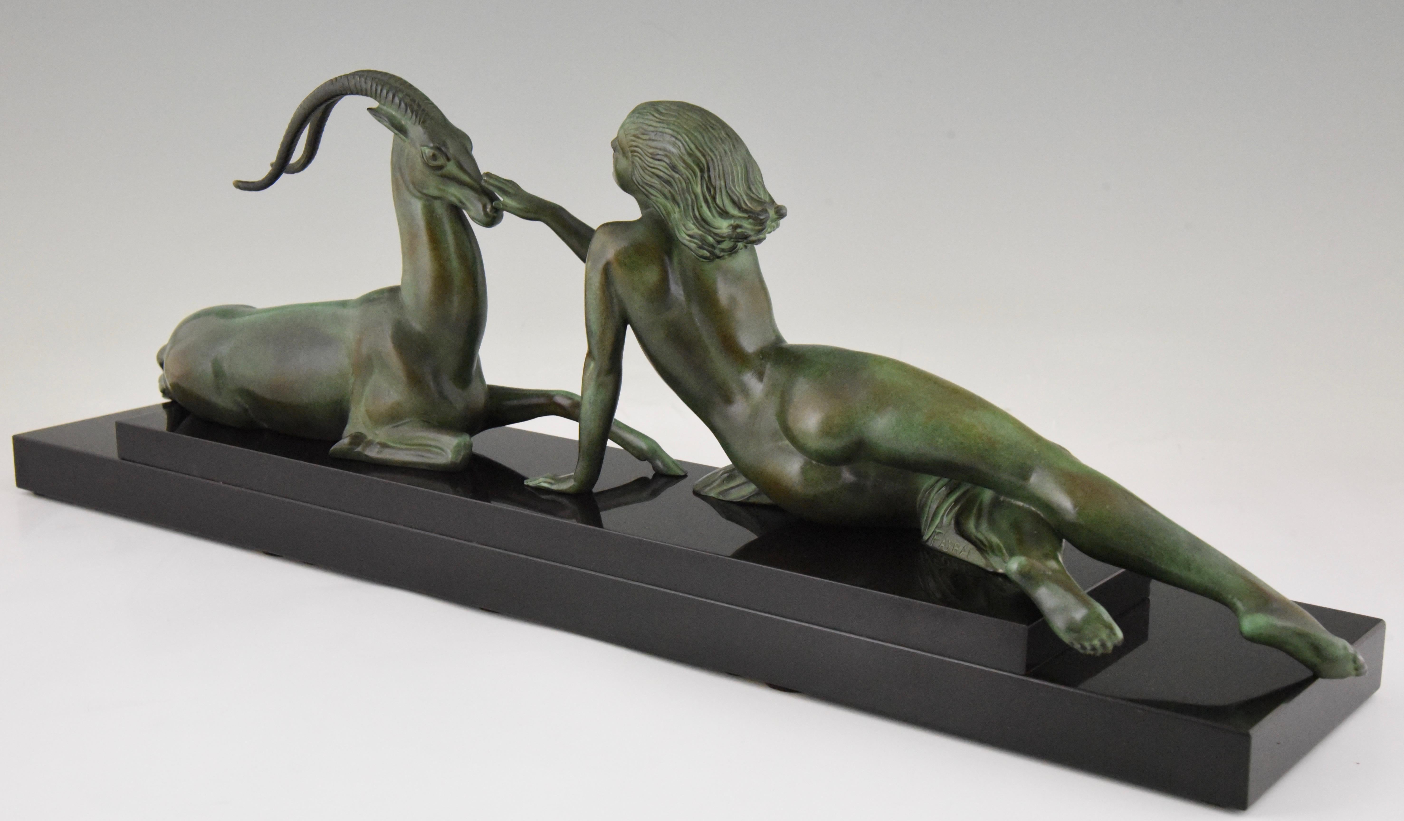 Art Deco sculpture nude with gazelle Seduction Fayral, Pierre Le Faguays 1930 In Good Condition In Antwerp, BE