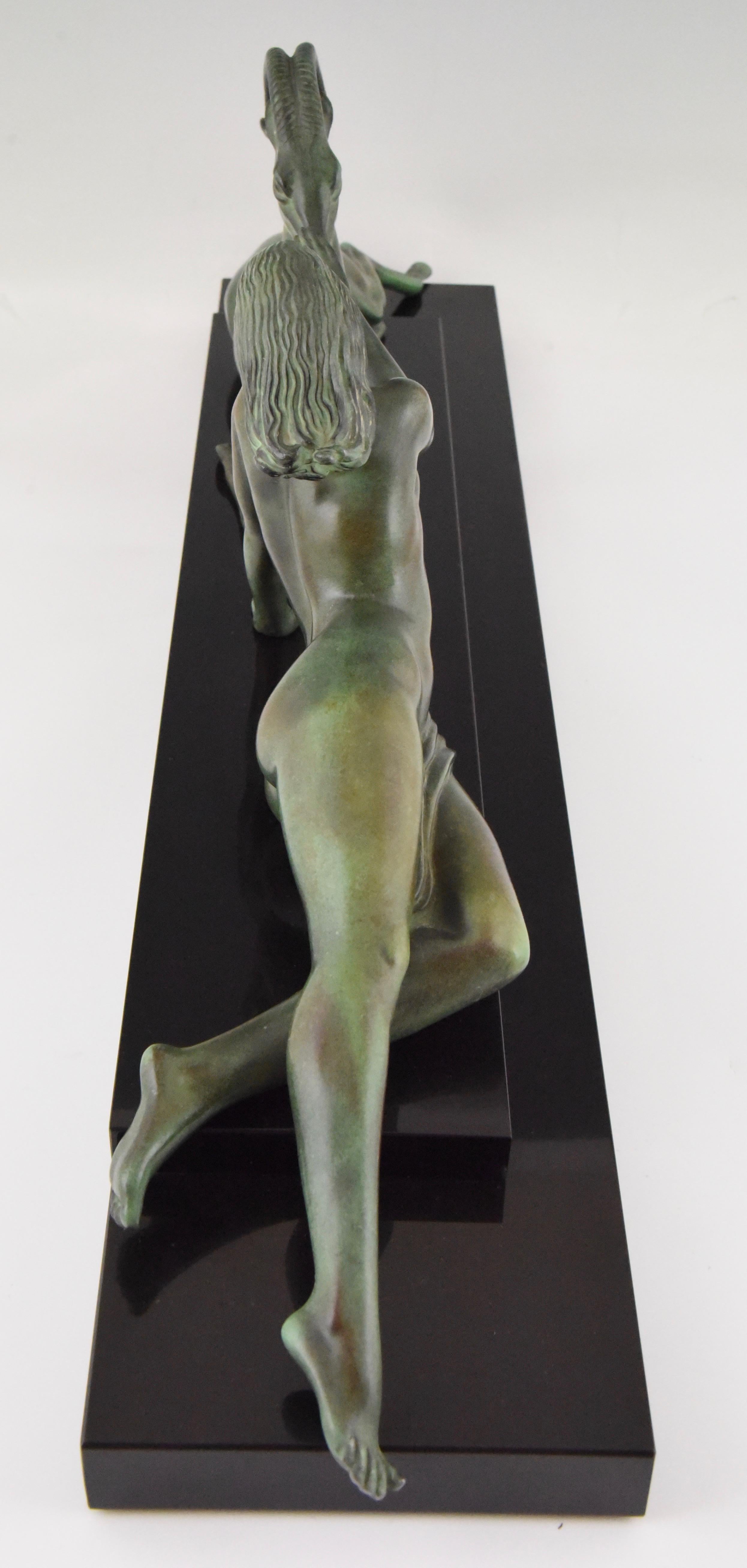 20th Century Art Deco sculpture nude with gazelle Seduction Fayral, Pierre Le Faguays 1930