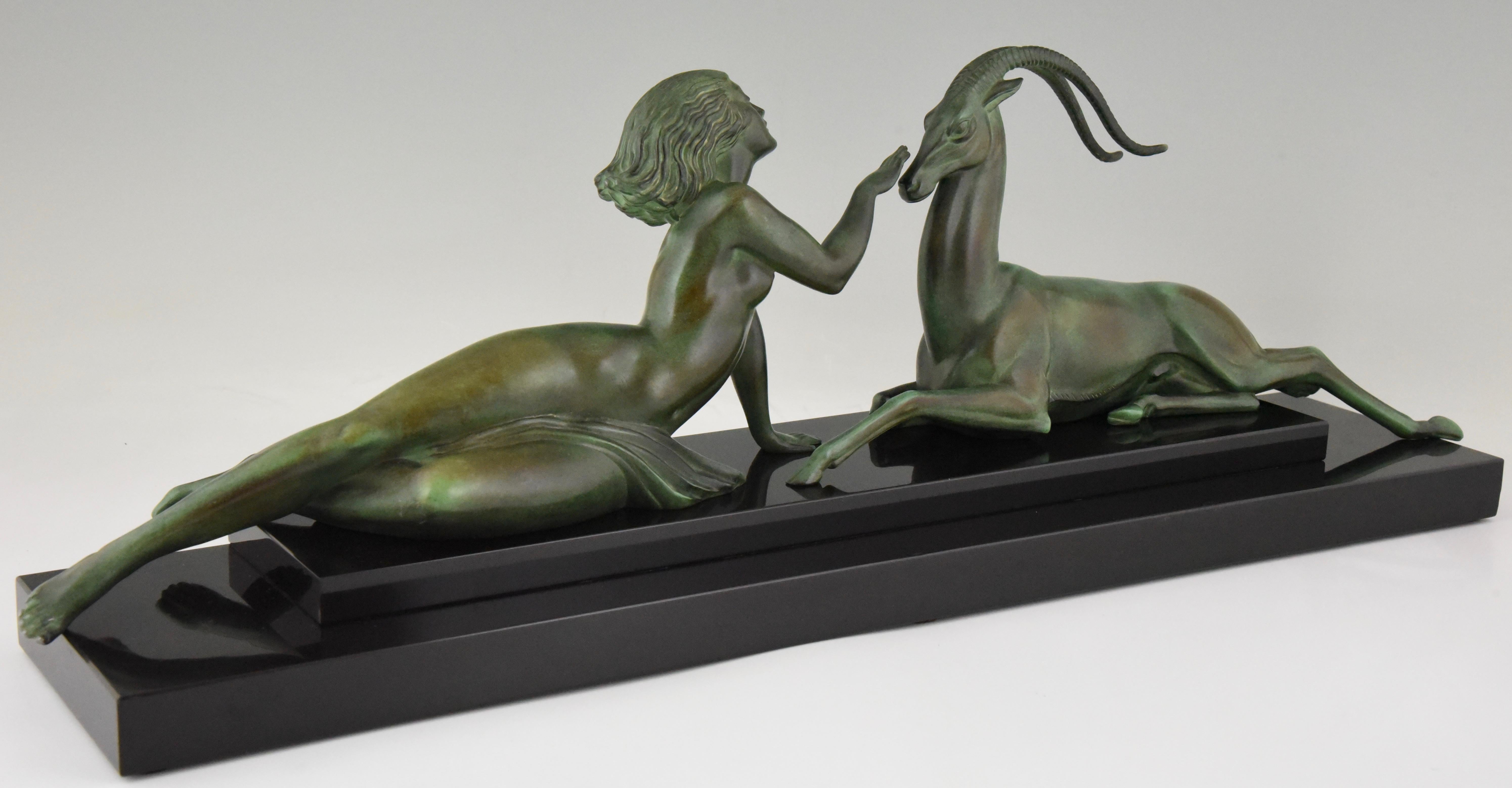 Metal Art Deco sculpture nude with gazelle Seduction Fayral, Pierre Le Faguays 1930