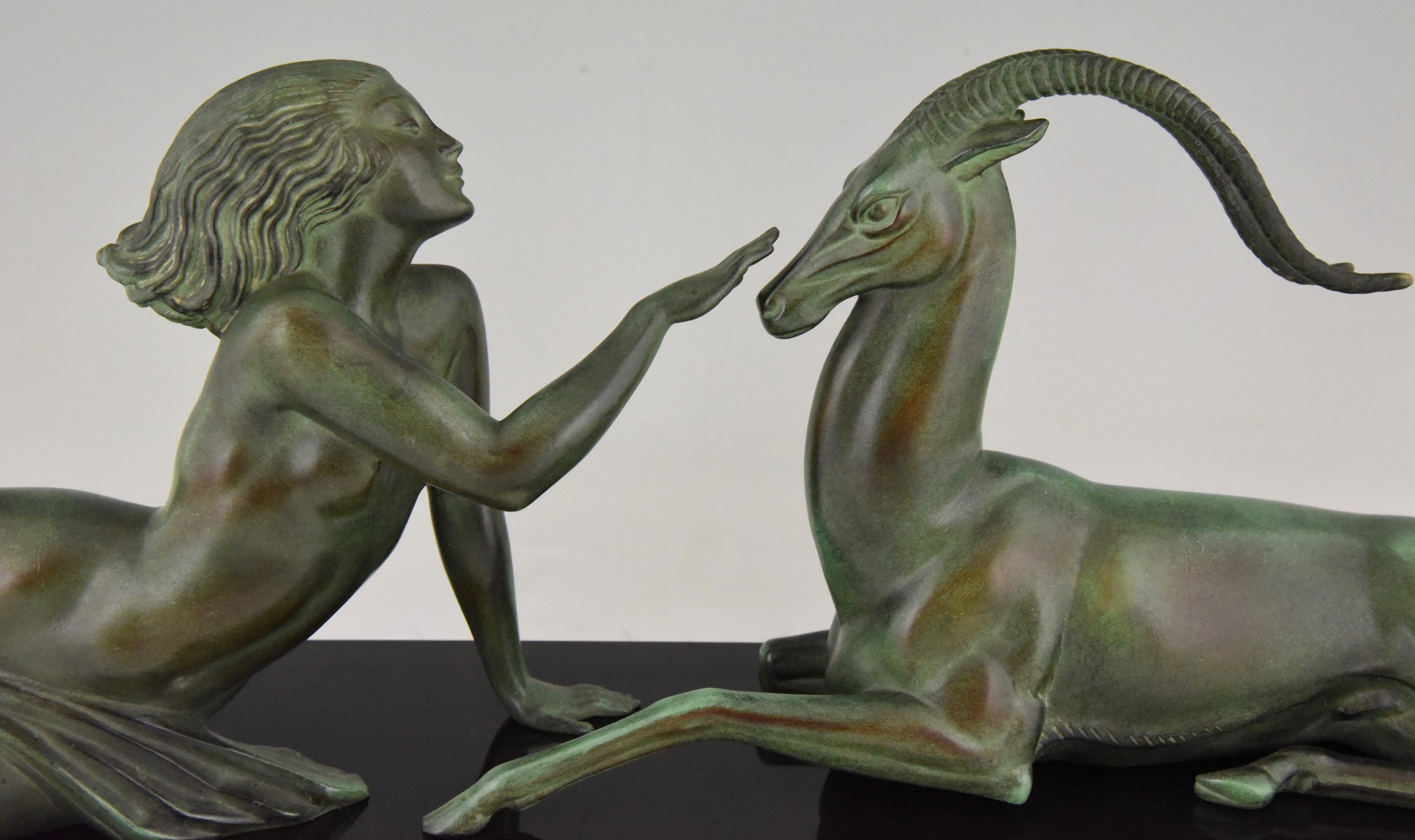 Art Deco sculpture nude with gazelle Seduction Fayral, Pierre Le Faguays 1930 1