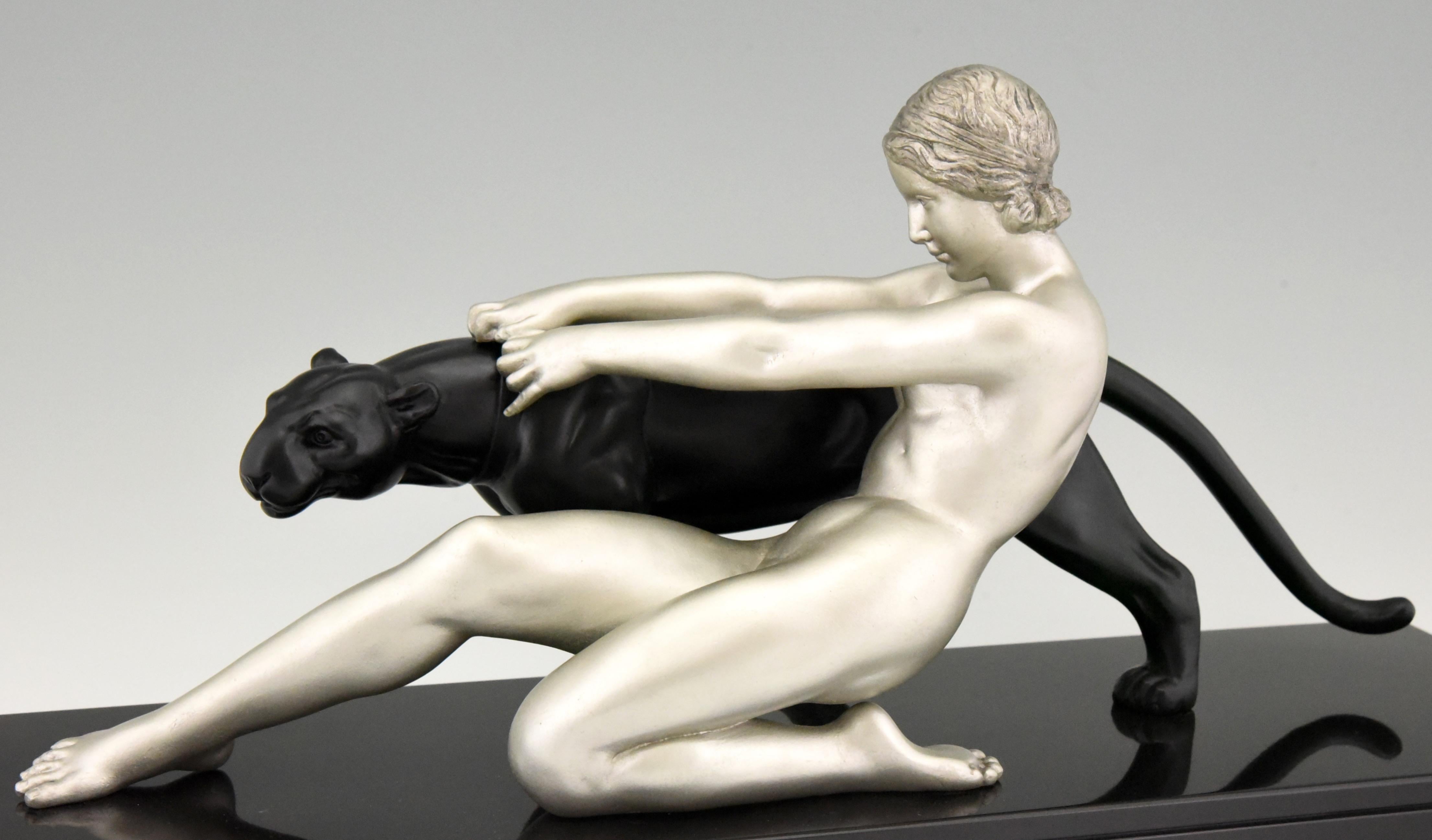 Art Deco Sculpture Nude with Panther Alexandre Ouline, France, 1930 3