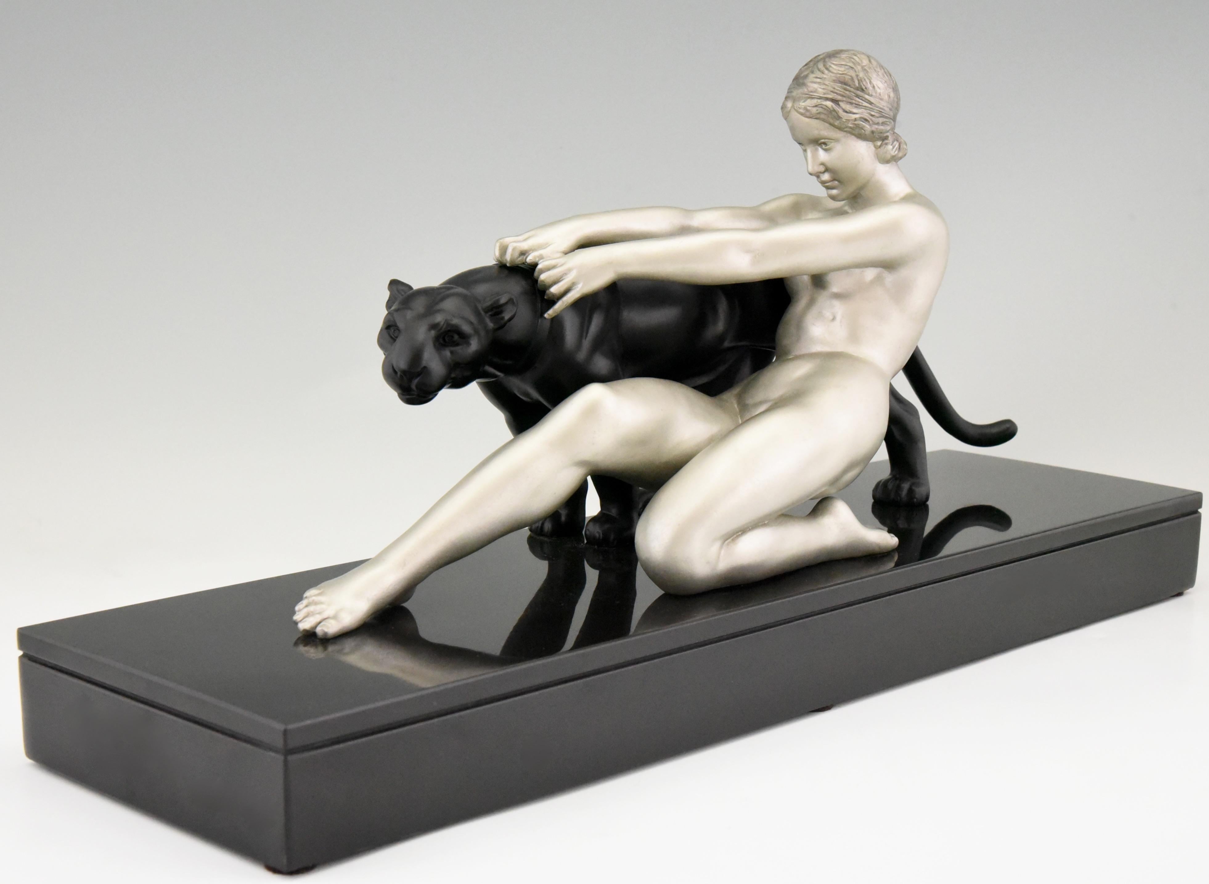 French Art Deco Sculpture Nude with Panther Alexandre Ouline, France, 1930