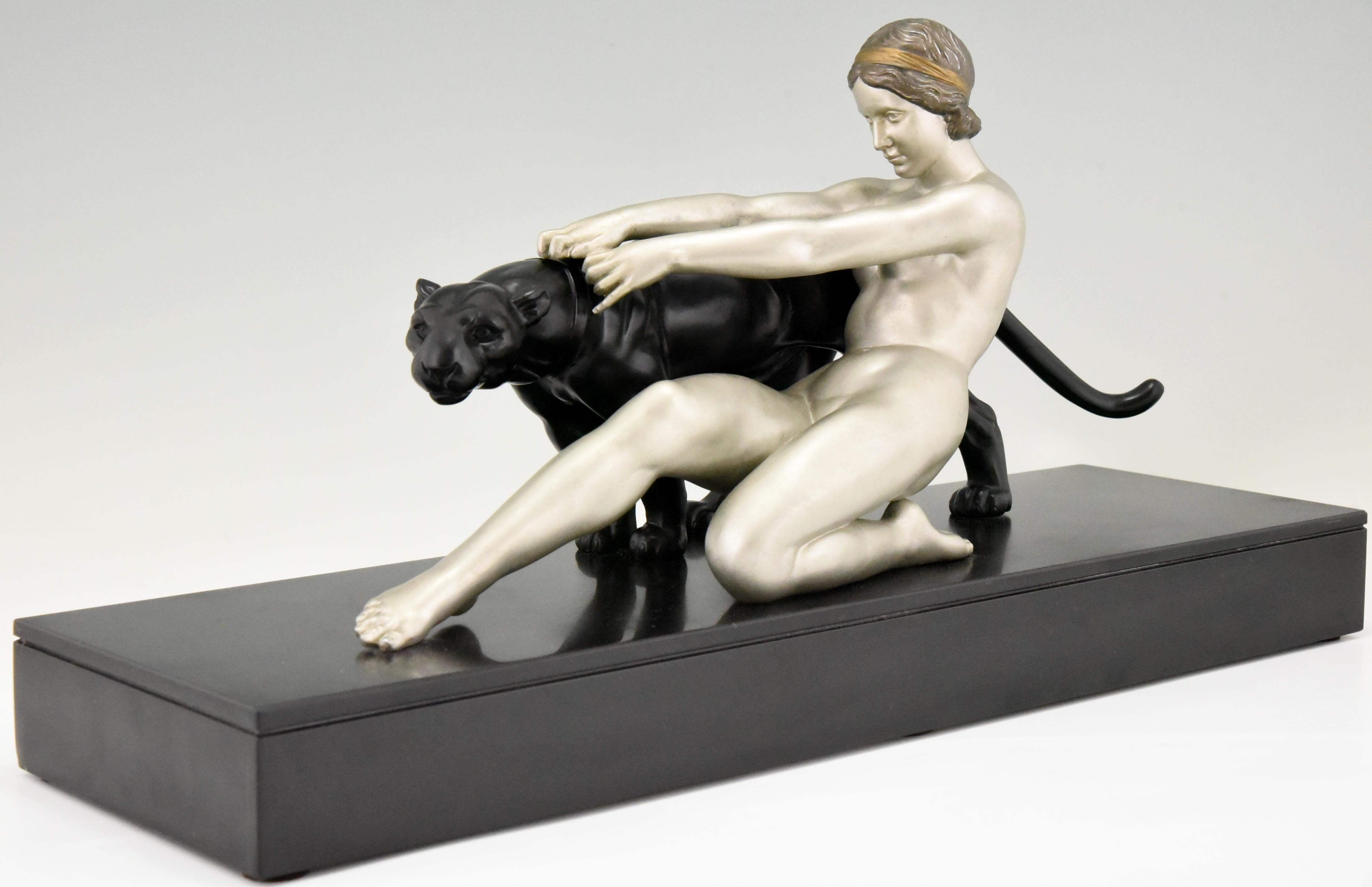 French Art Deco Sculpture Nude with Panther Alexandre Ouline, France, 1930