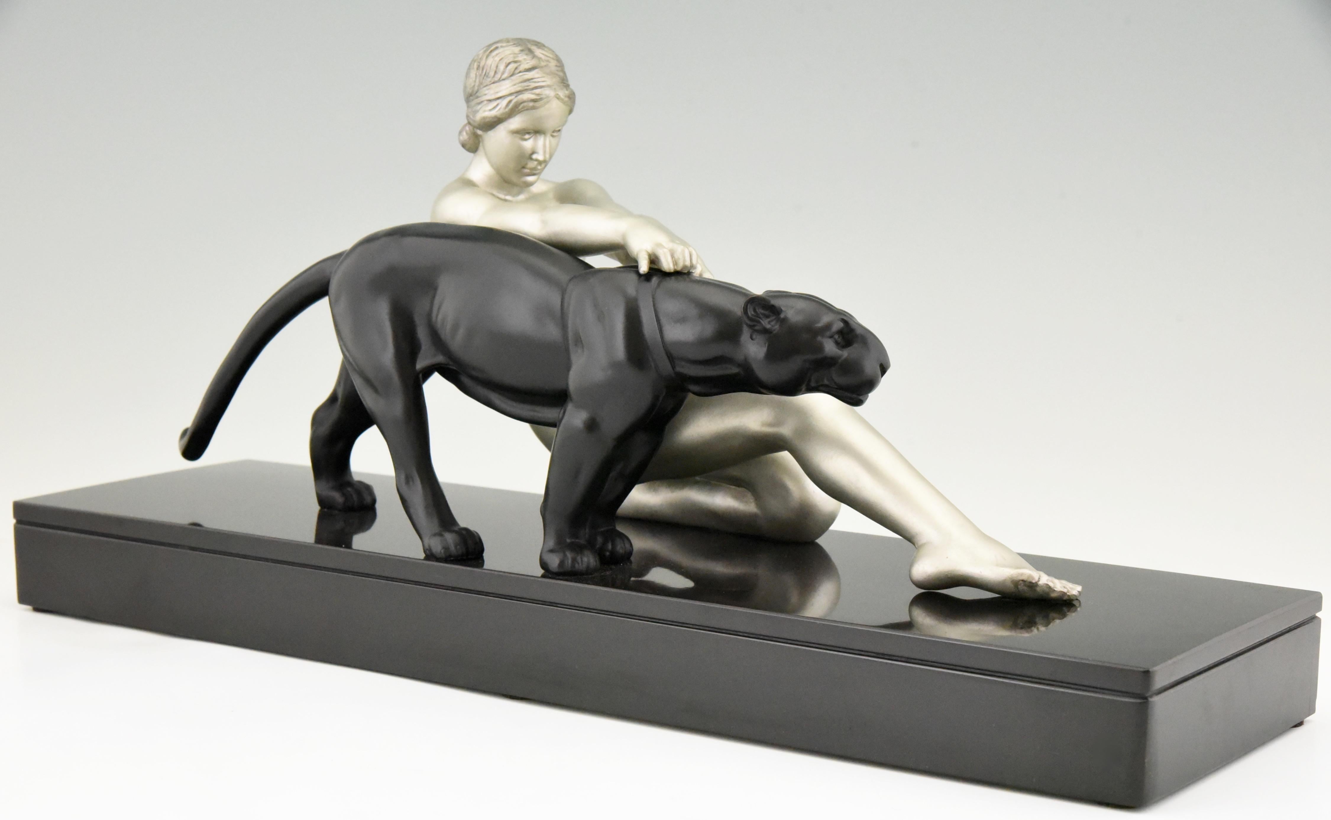 Art Deco Sculpture Nude with Panther Alexandre Ouline, France, 1930 In Good Condition In Antwerp, BE
