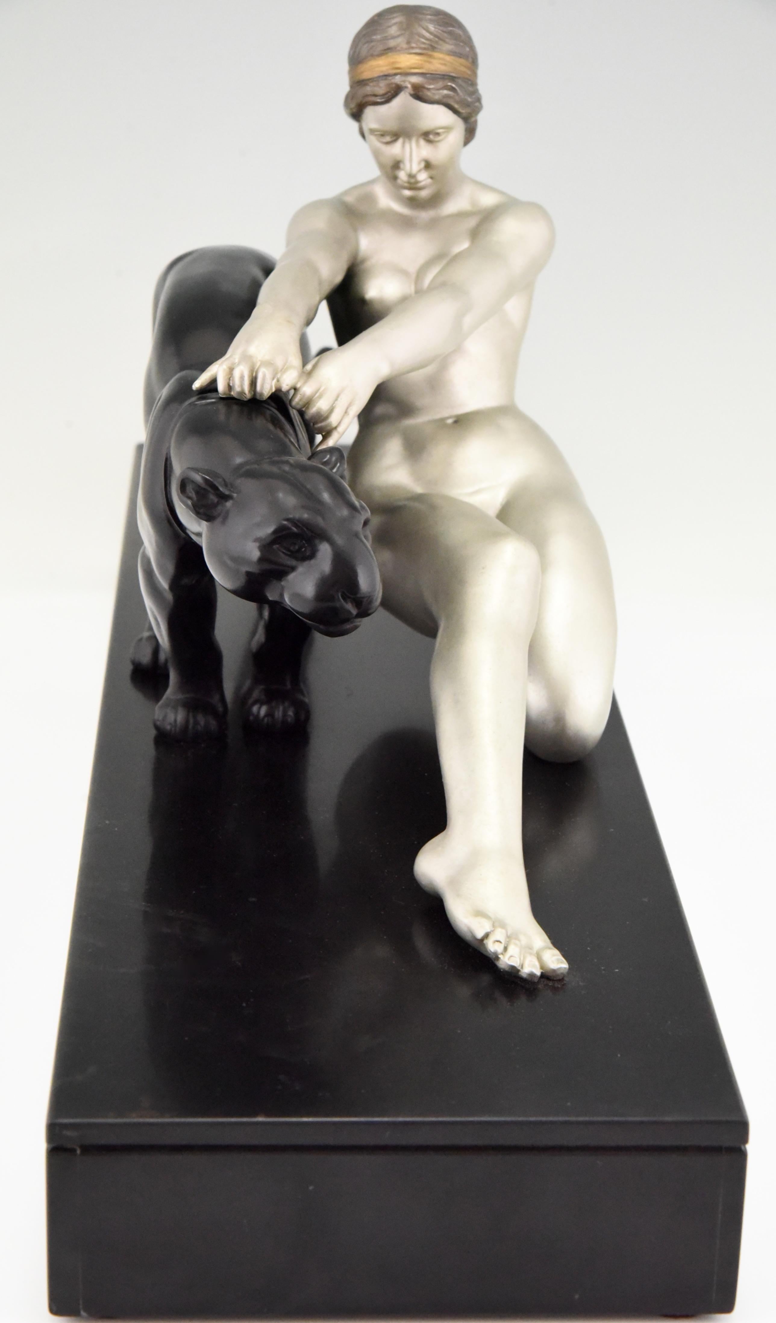 Patinated Art Deco Sculpture Nude with Panther Alexandre Ouline, France, 1930