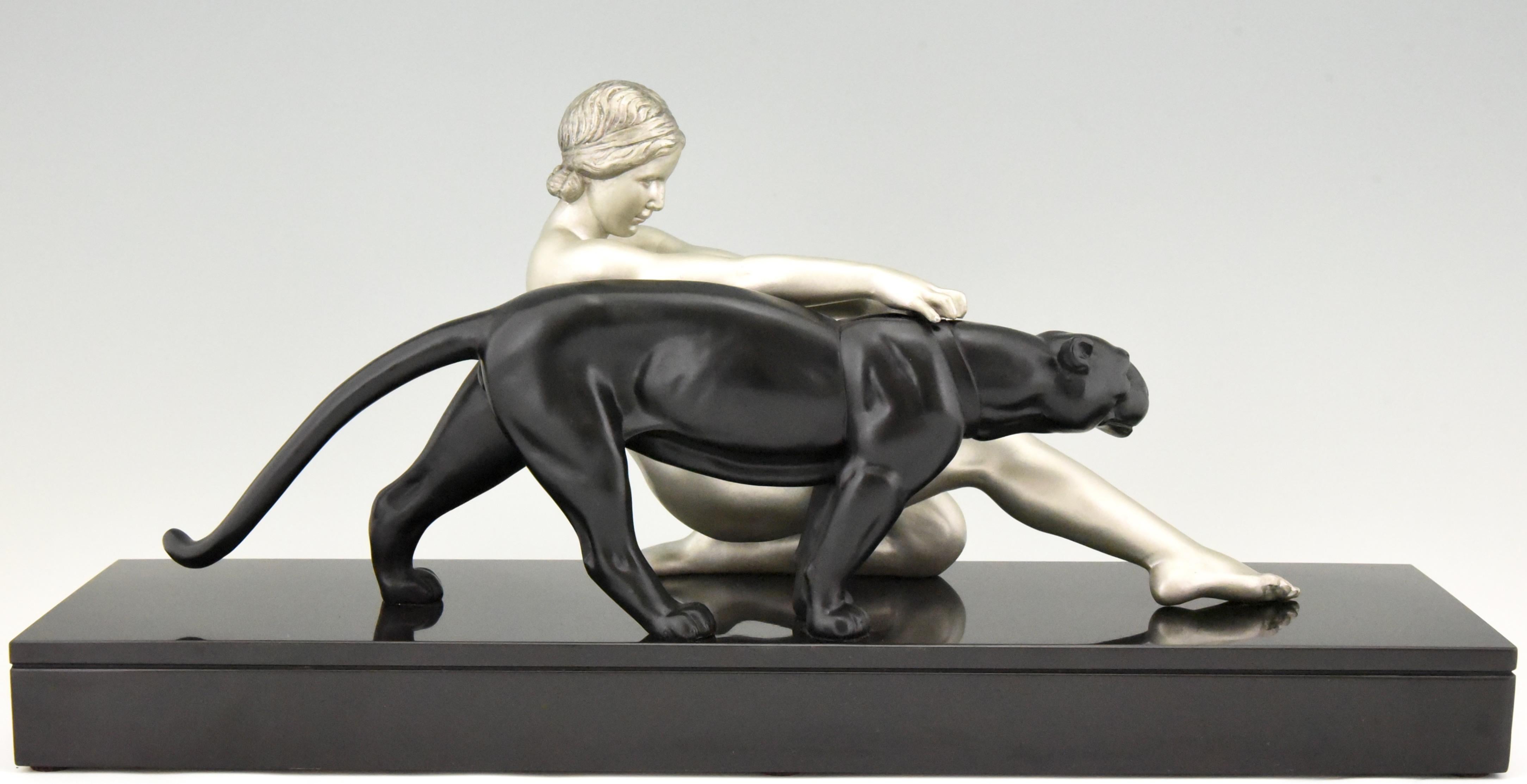 Mid-20th Century Art Deco Sculpture Nude with Panther Alexandre Ouline, France, 1930