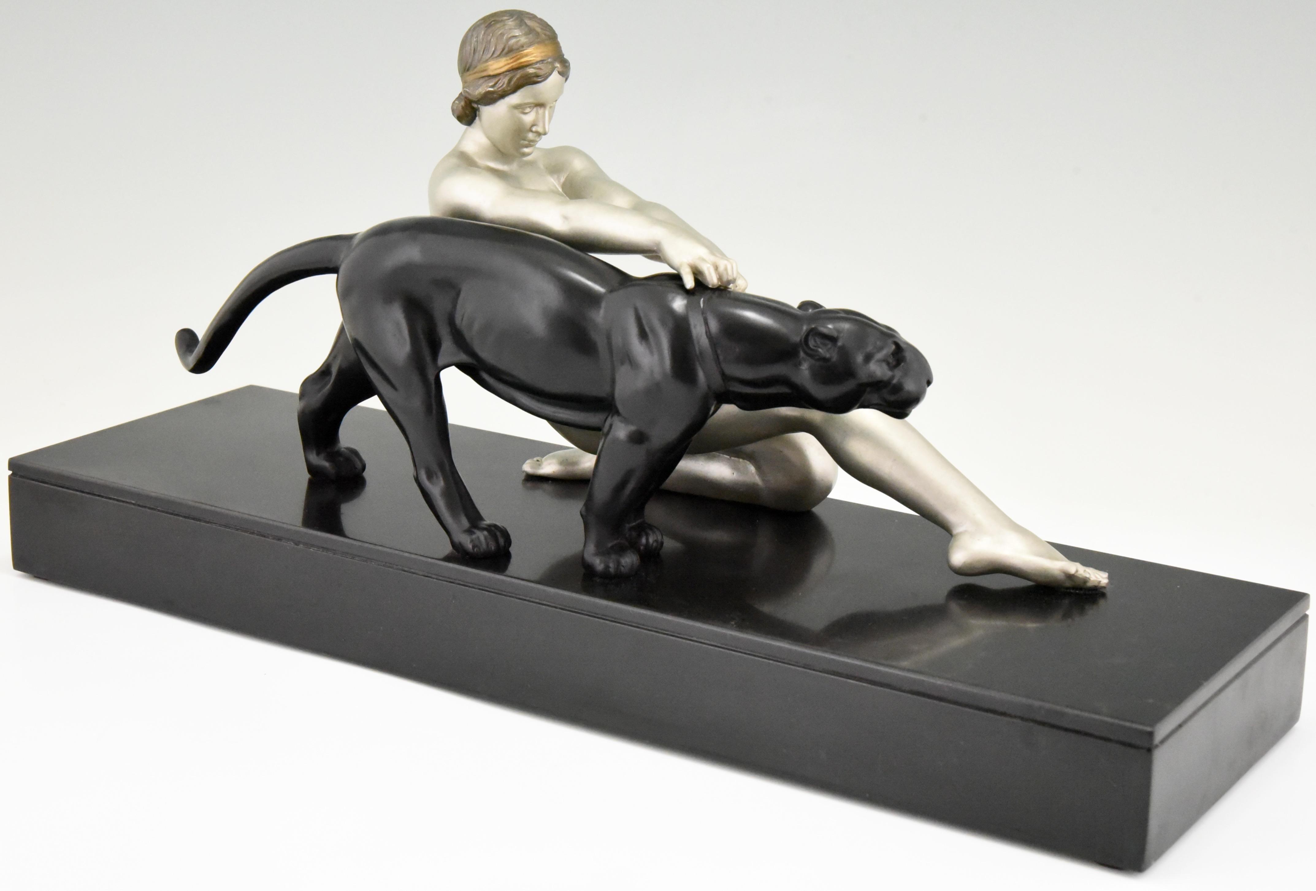 Art Deco Sculpture Nude with Panther Alexandre Ouline, France, 1930 In Good Condition In Antwerp, BE