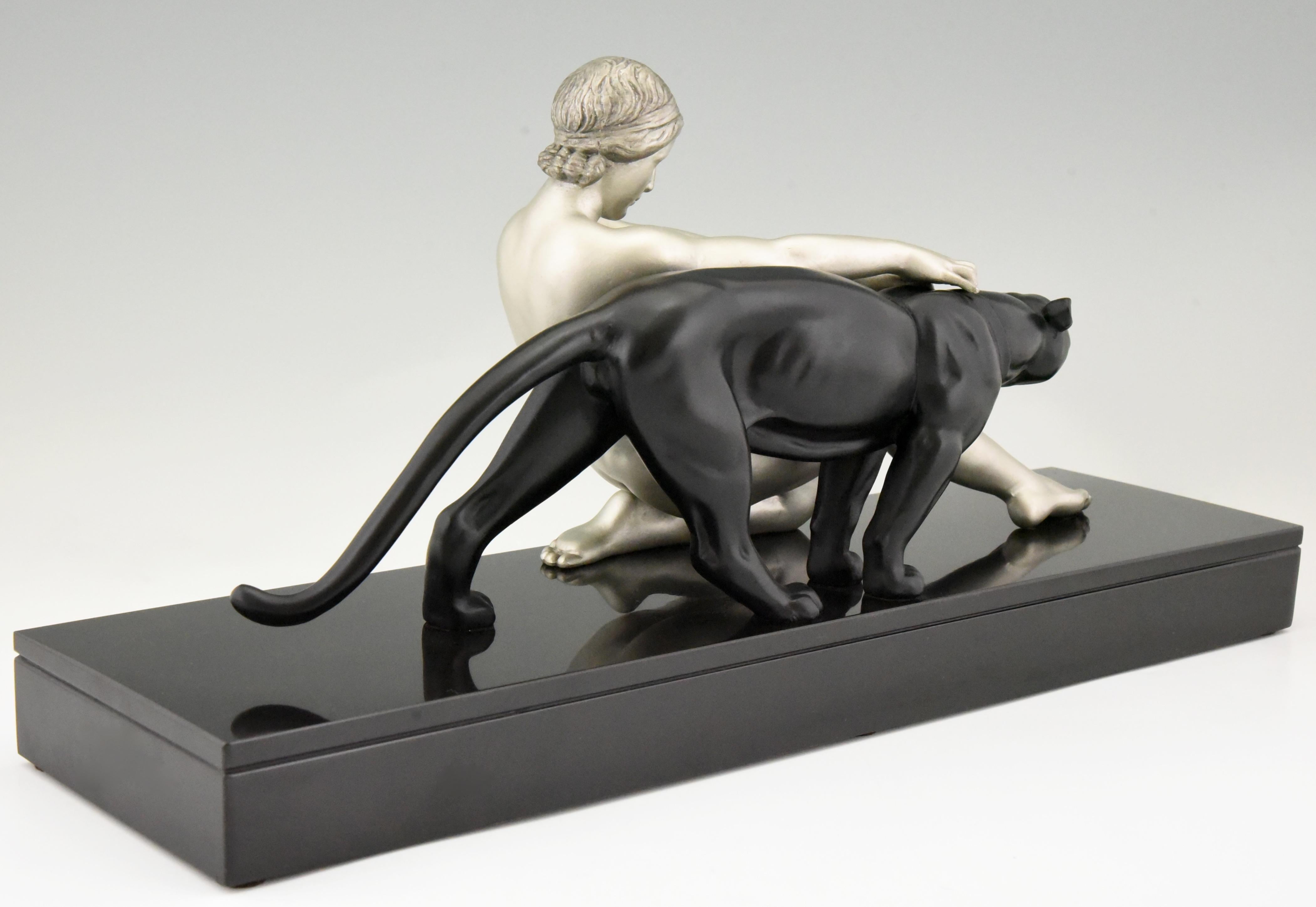 Metal Art Deco Sculpture Nude with Panther Alexandre Ouline, France, 1930