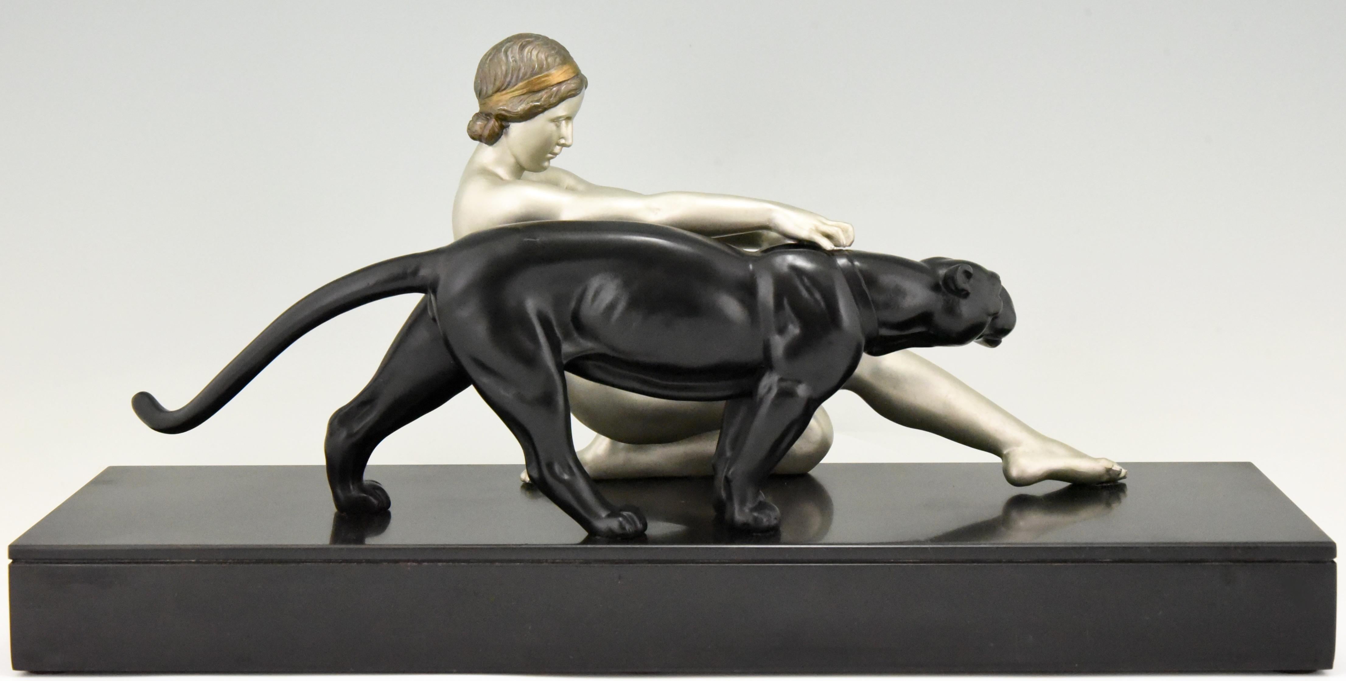 Mid-20th Century Art Deco Sculpture Nude with Panther Alexandre Ouline, France, 1930