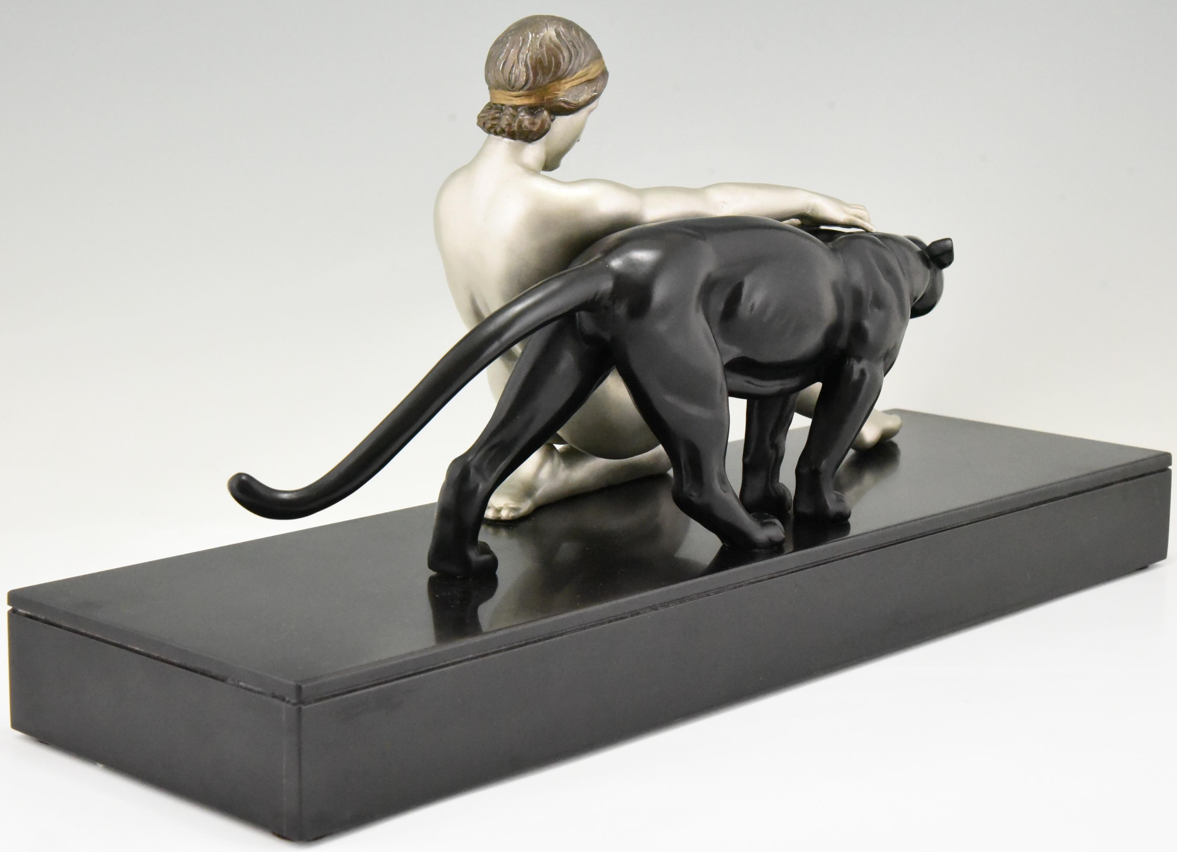 Belgian Black Marble Art Deco Sculpture Nude with Panther Alexandre Ouline, France, 1930