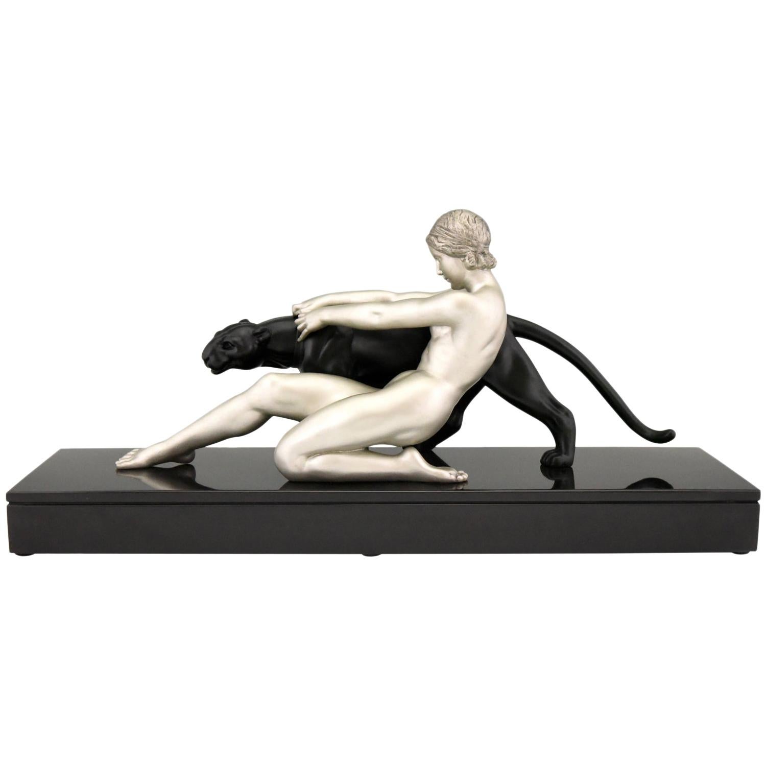 Art Deco Sculpture Nude with Panther Alexandre Ouline, France, 1930