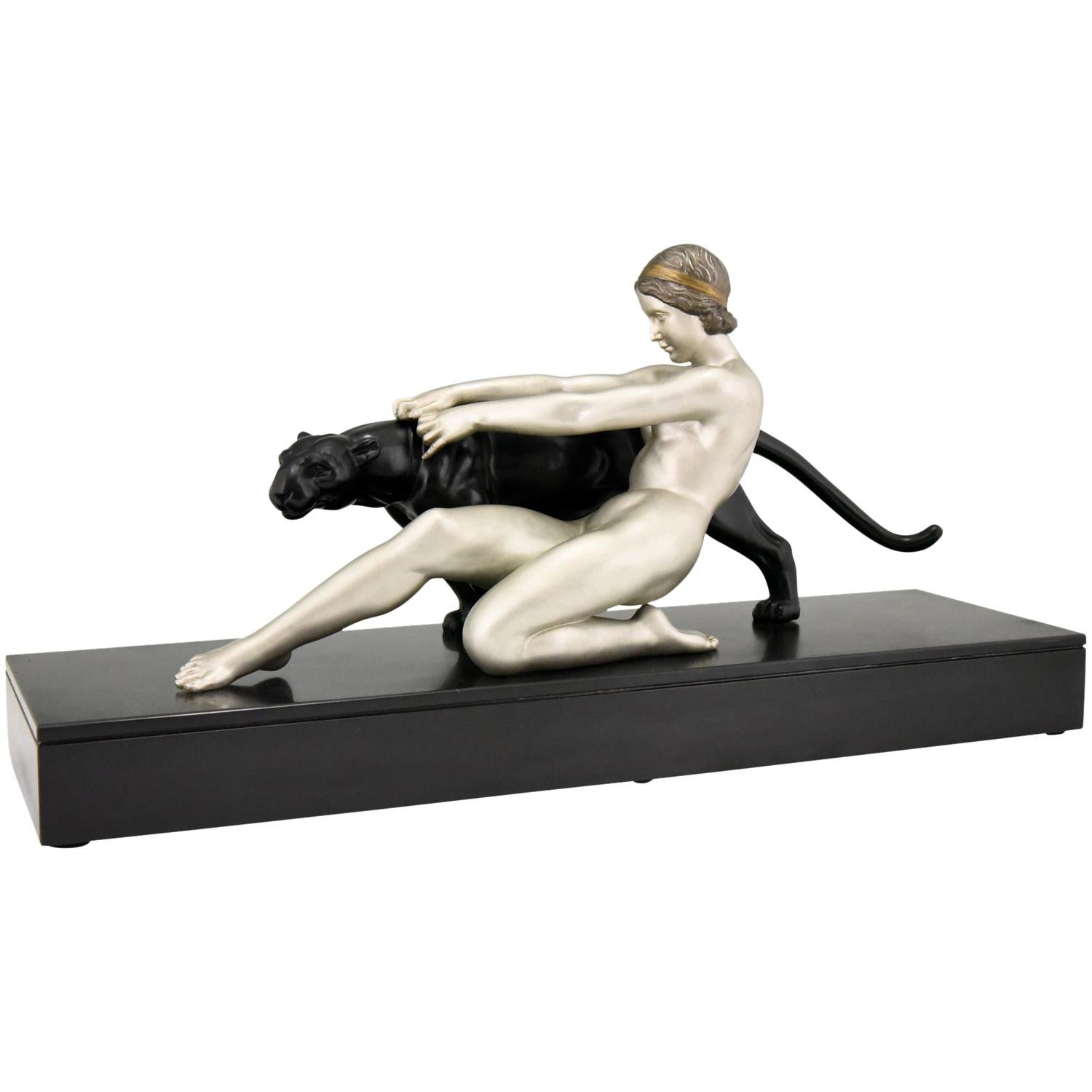 Art Deco Sculpture Nude with Panther Alexandre Ouline, France, 1930