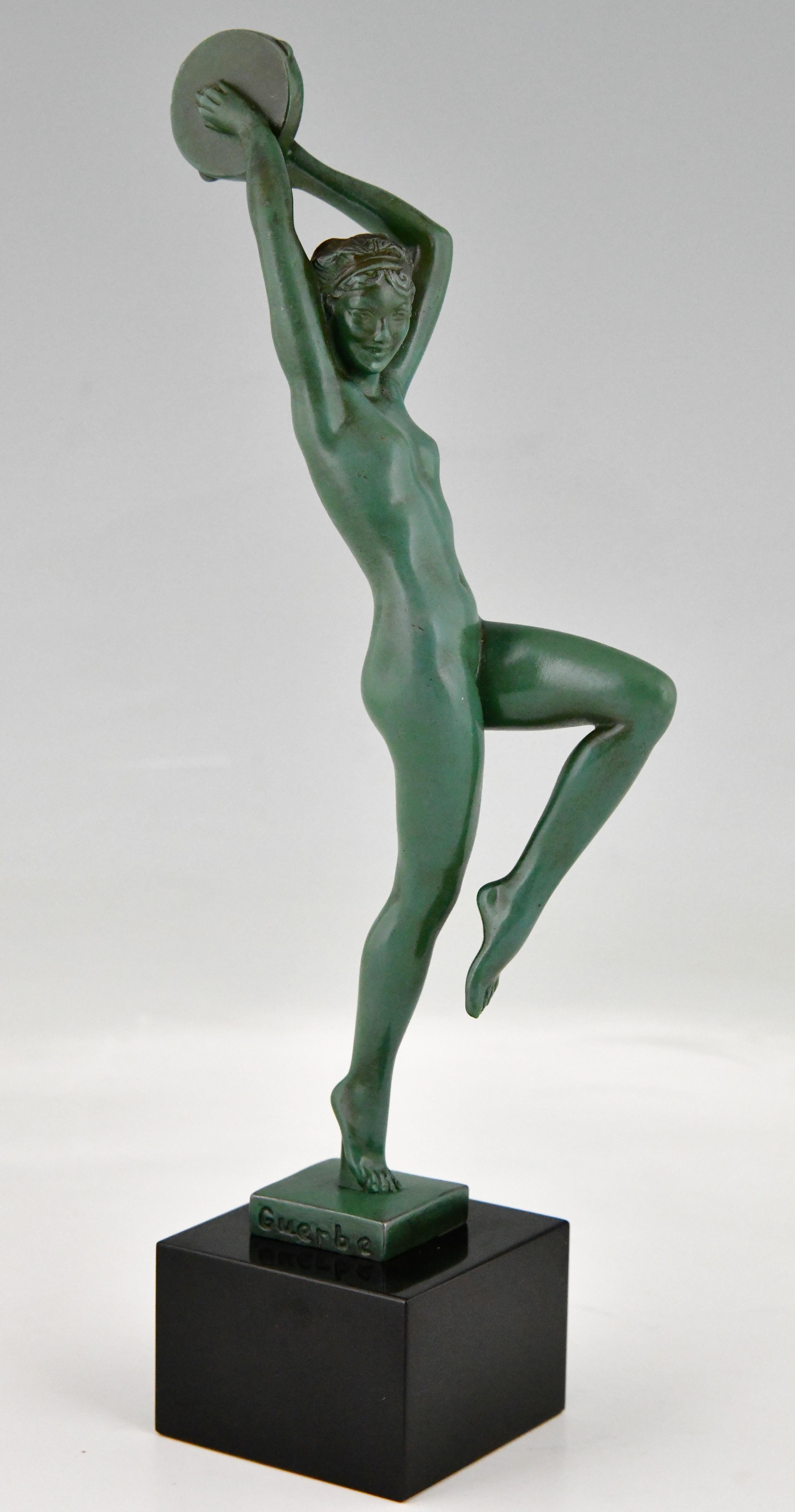French Art Deco Sculpture Nude with Tambourine by Raymonde Guerbe France 1930