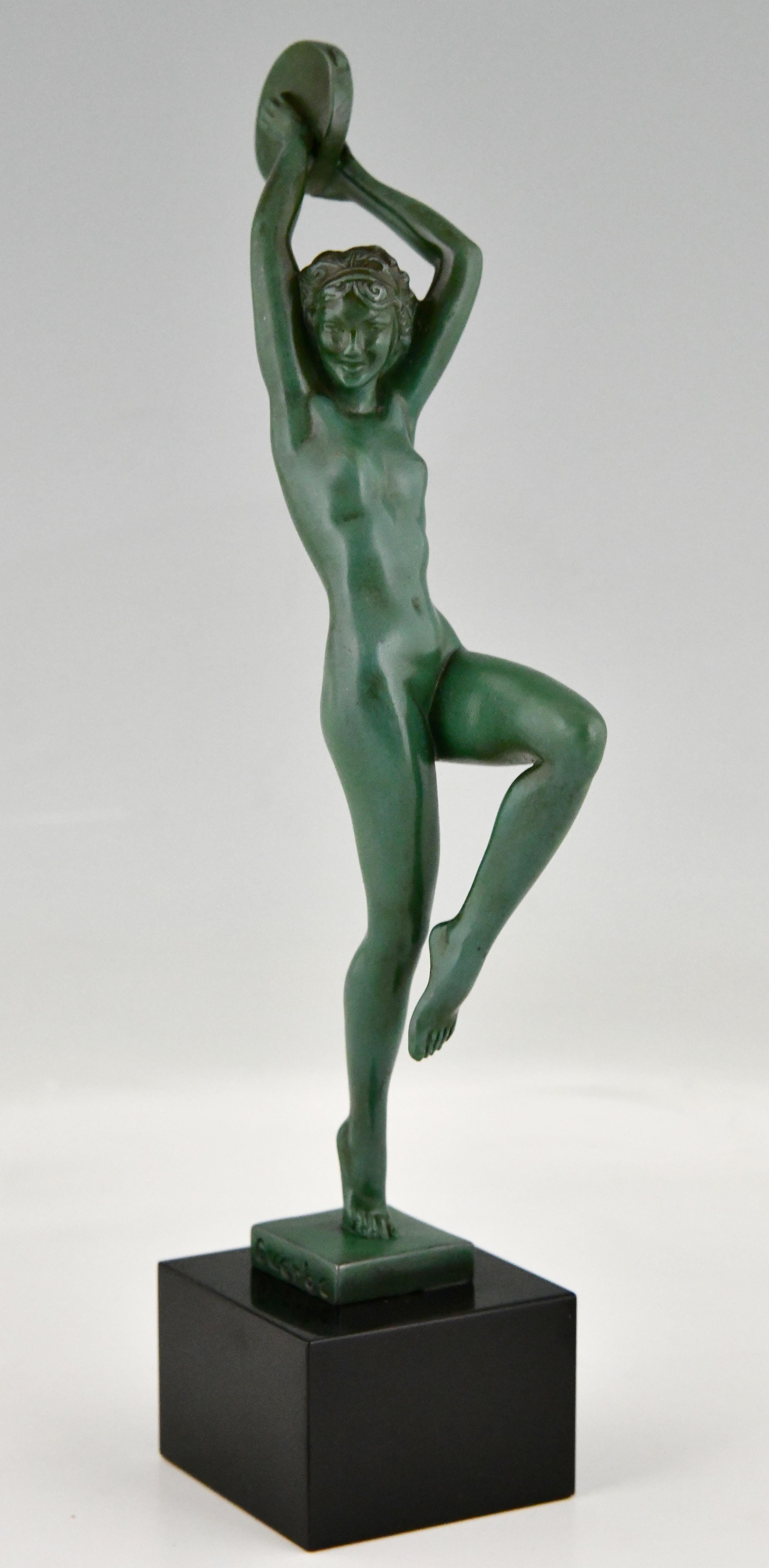 Patinated Art Deco Sculpture Nude with Tambourine by Raymonde Guerbe France 1930