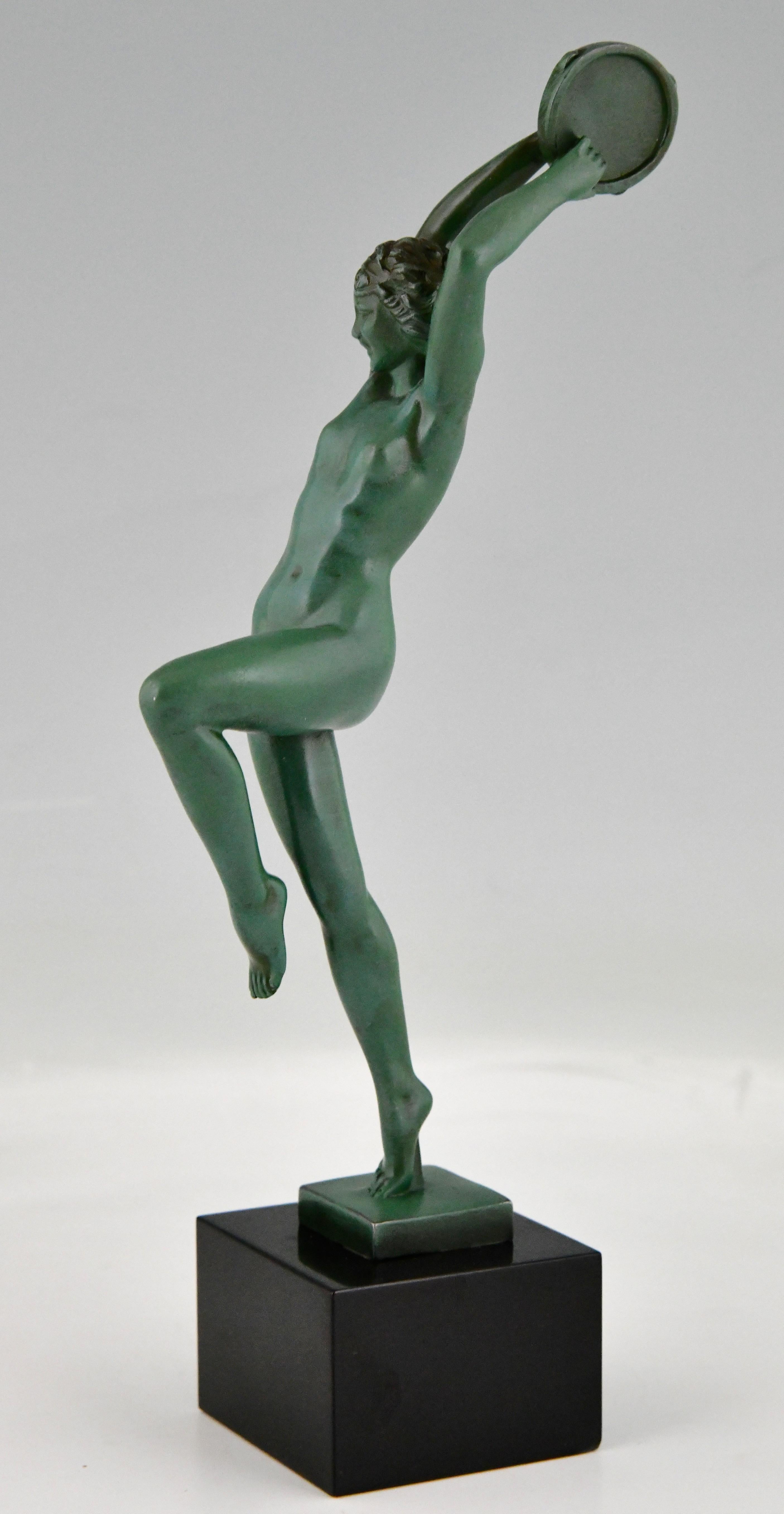 Mid-20th Century Art Deco Sculpture Nude with Tambourine by Raymonde Guerbe France 1930