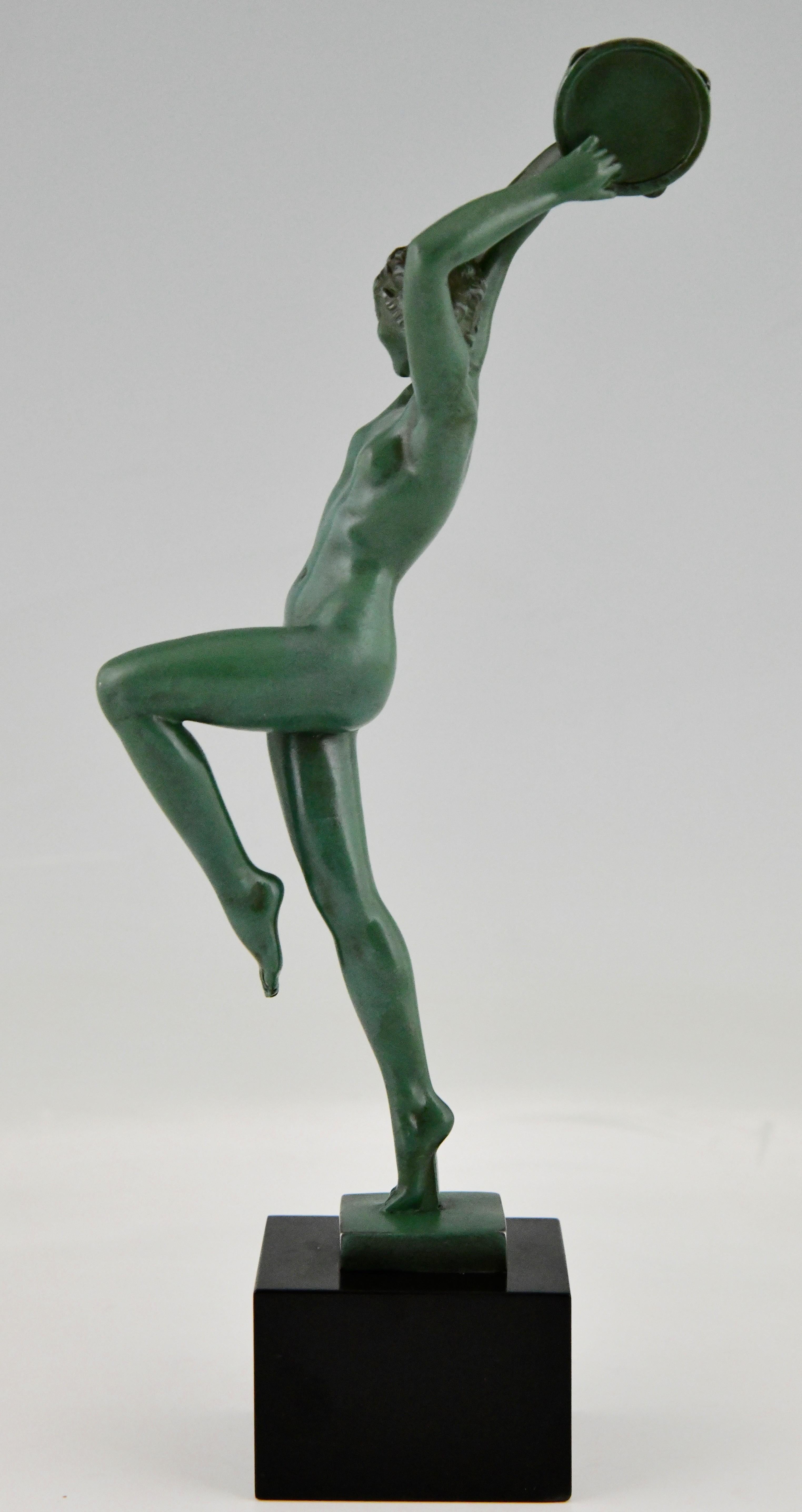 Metal Art Deco Sculpture Nude with Tambourine by Raymonde Guerbe France 1930