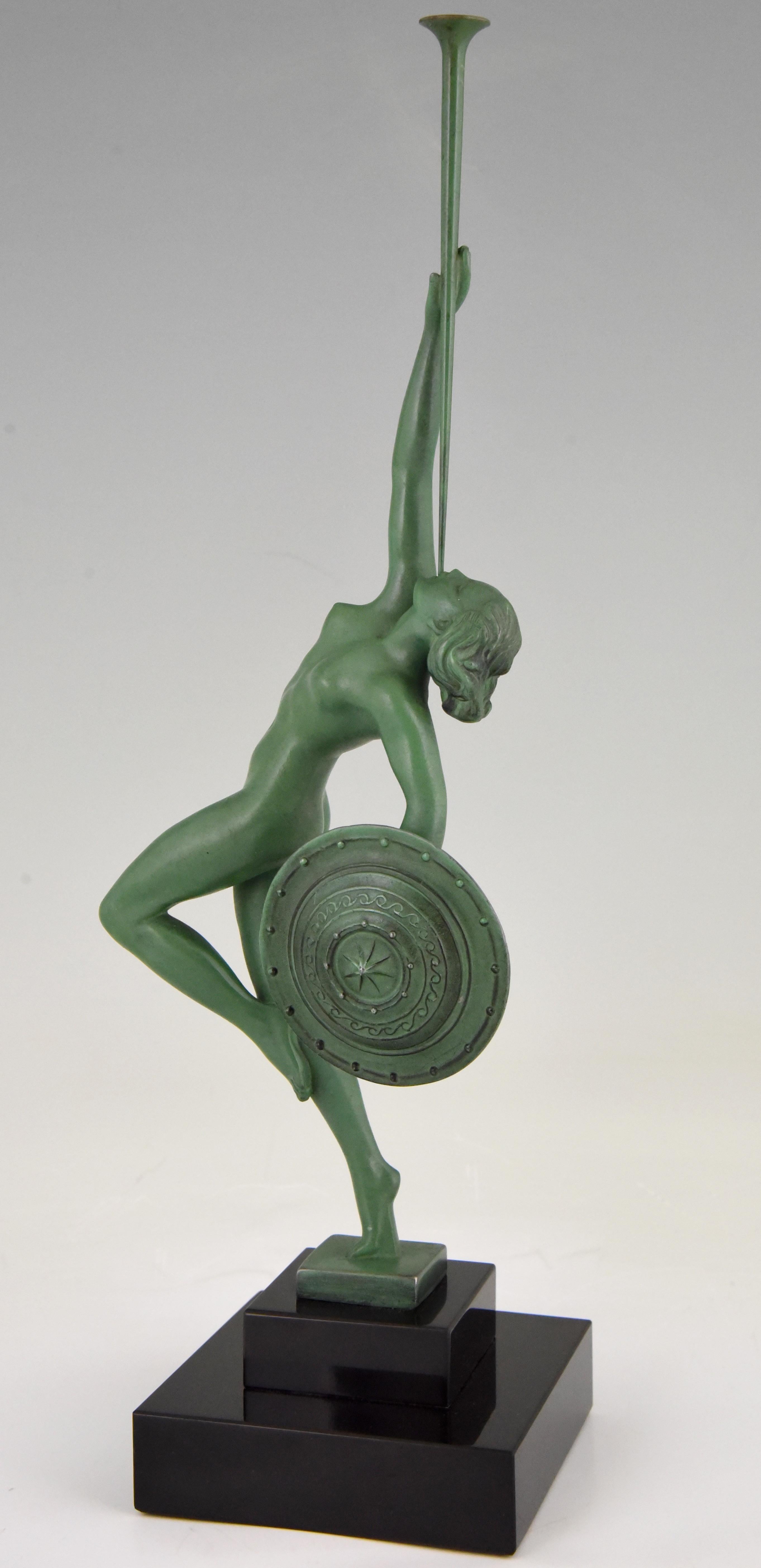 Jericho, Art Deco sculpture of a nude with shield and trumpet by Raymonde Guerbe, the wife of the French sculptor Pierre Le Faguays. Cast by the Max Le Verrier foundry, circa 1930.
Literature:
“Bronzes, sculptors and founders” by H. Berman,