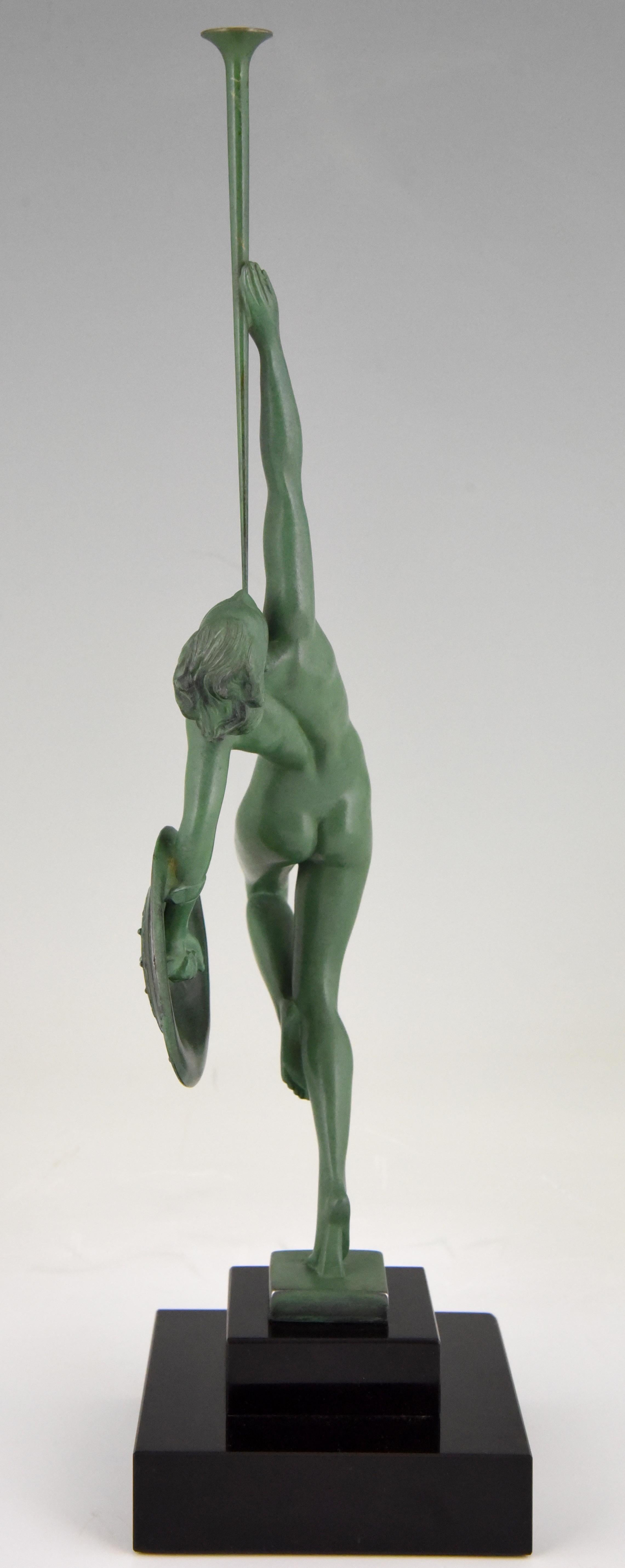 French Art Deco Sculpture Nude with Trumpet Jericho Guerbe for Max Le Verrier France