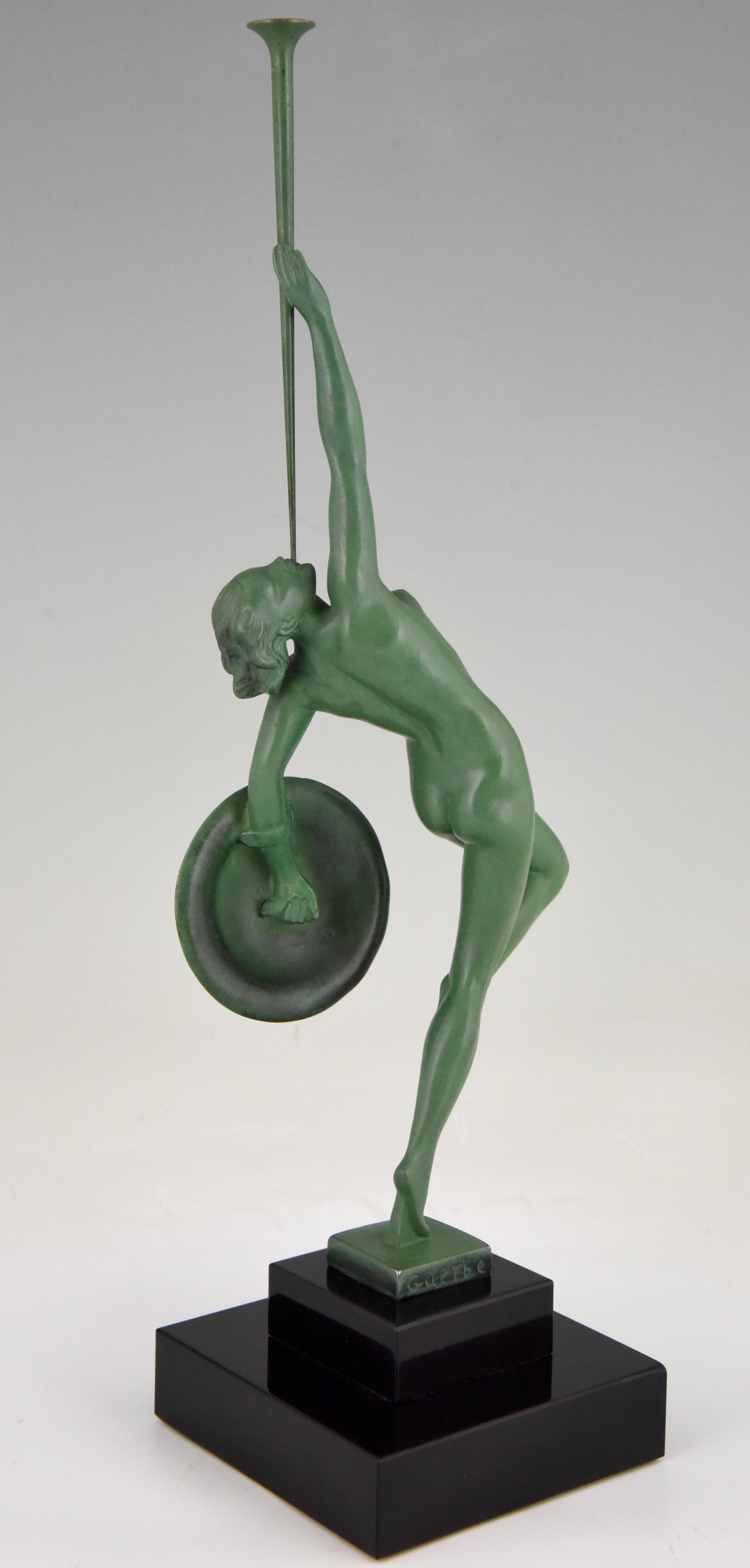 Patinated Art Deco Sculpture Nude with Trumpet Jericho Guerbe for Max Le Verrier France