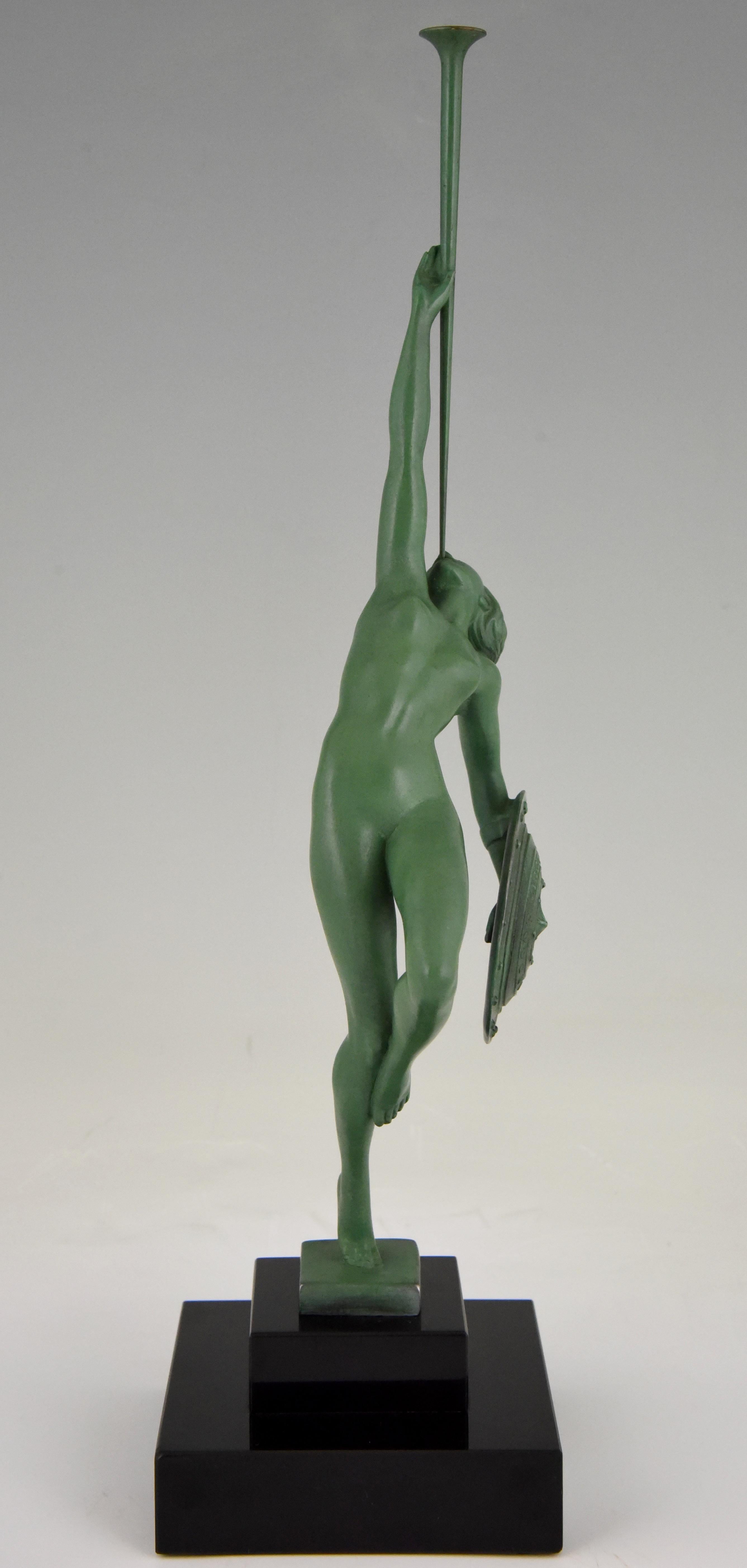 Metal Art Deco Sculpture Nude with Trumpet Jericho Guerbe for Max Le Verrier France