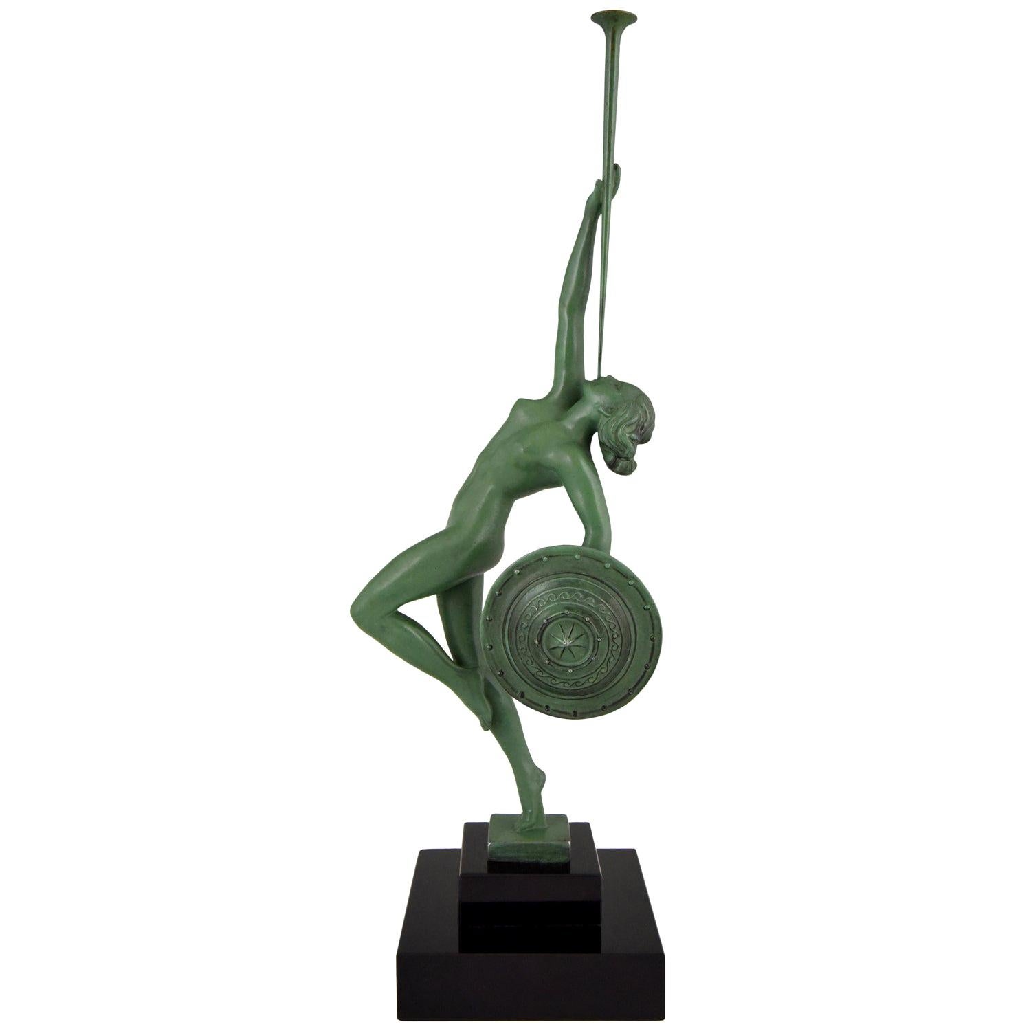 Art Deco Sculpture Nude with Trumpet Jericho Guerbe for Max Le Verrier France