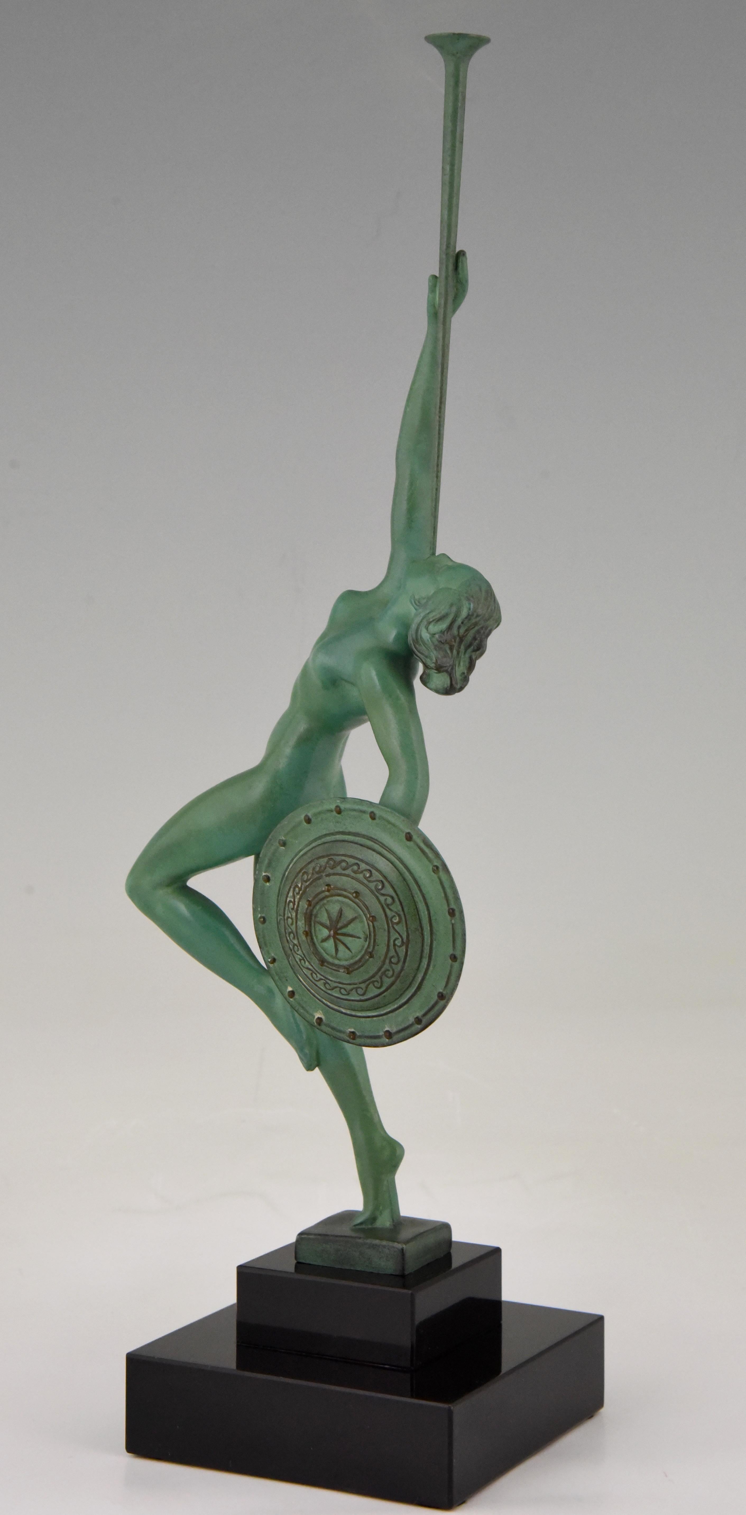 Jericho, Art Deco sculpture of a nude with shield and trumpet by Raymonde Guerbe, the wife of the French sculptor Pierre Le Faguays. Cast by the Max Le Verrier foundry circa 1930.
Literature:
“Bronzes, sculptors and founders” by H. Berman,