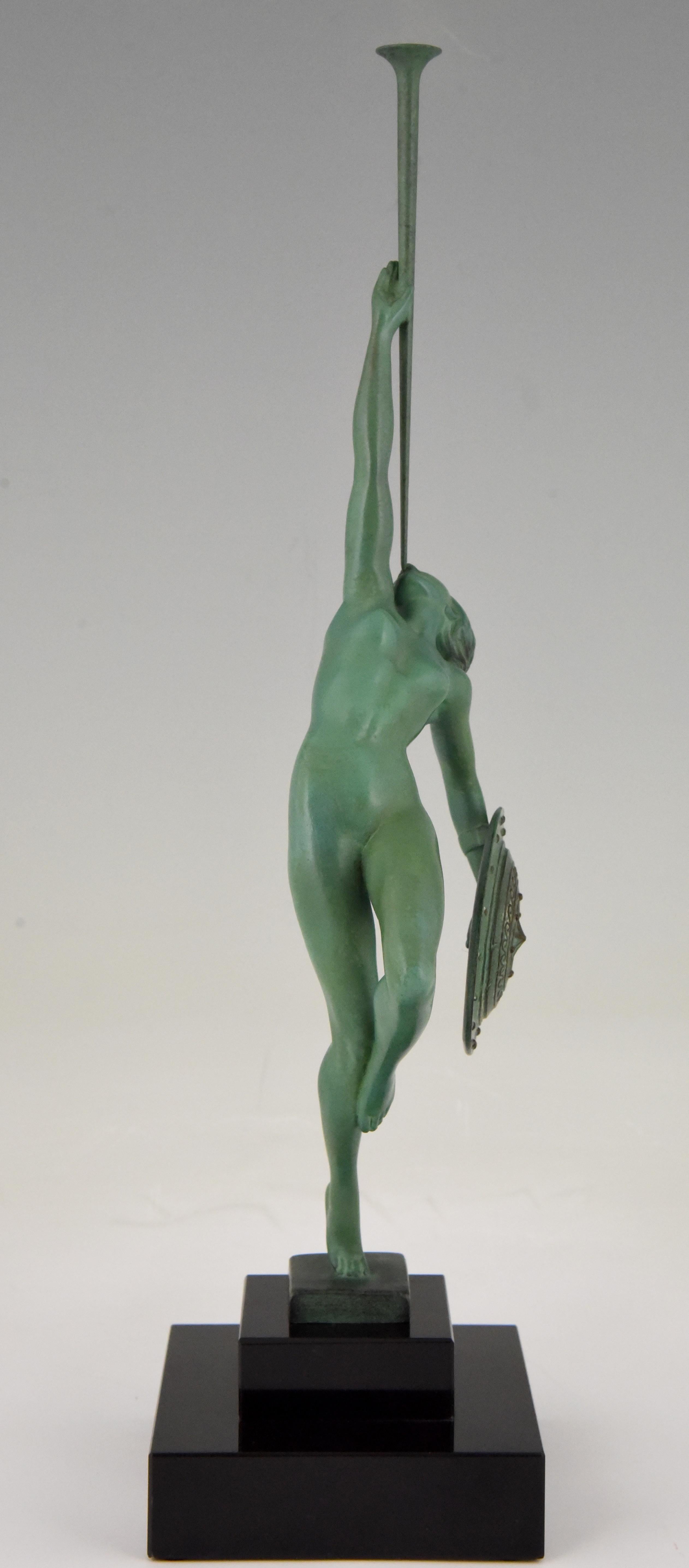Patinated Art Deco Sculpture Nude with Trumpet Jericho Raymonde Guerbe Maxle Verrier