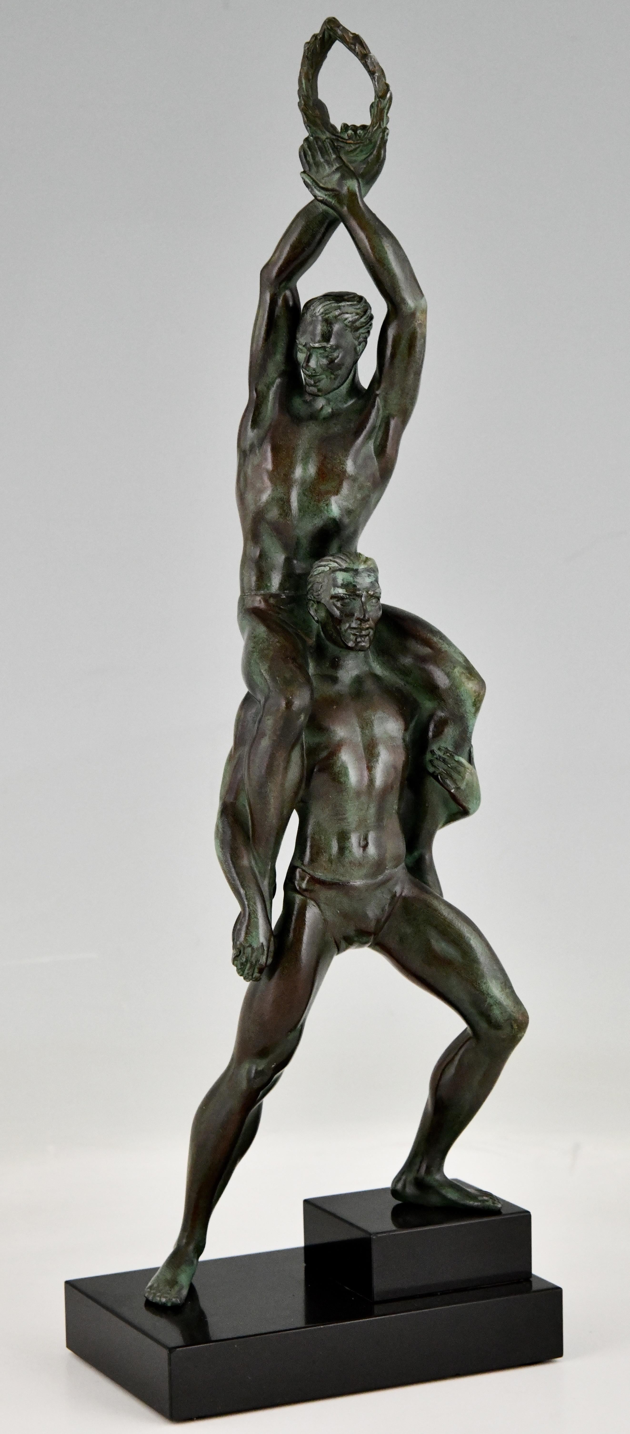 French Art Deco Sculpture of 2 Athletes with Laurel Wreath by Pierre Le Faguays