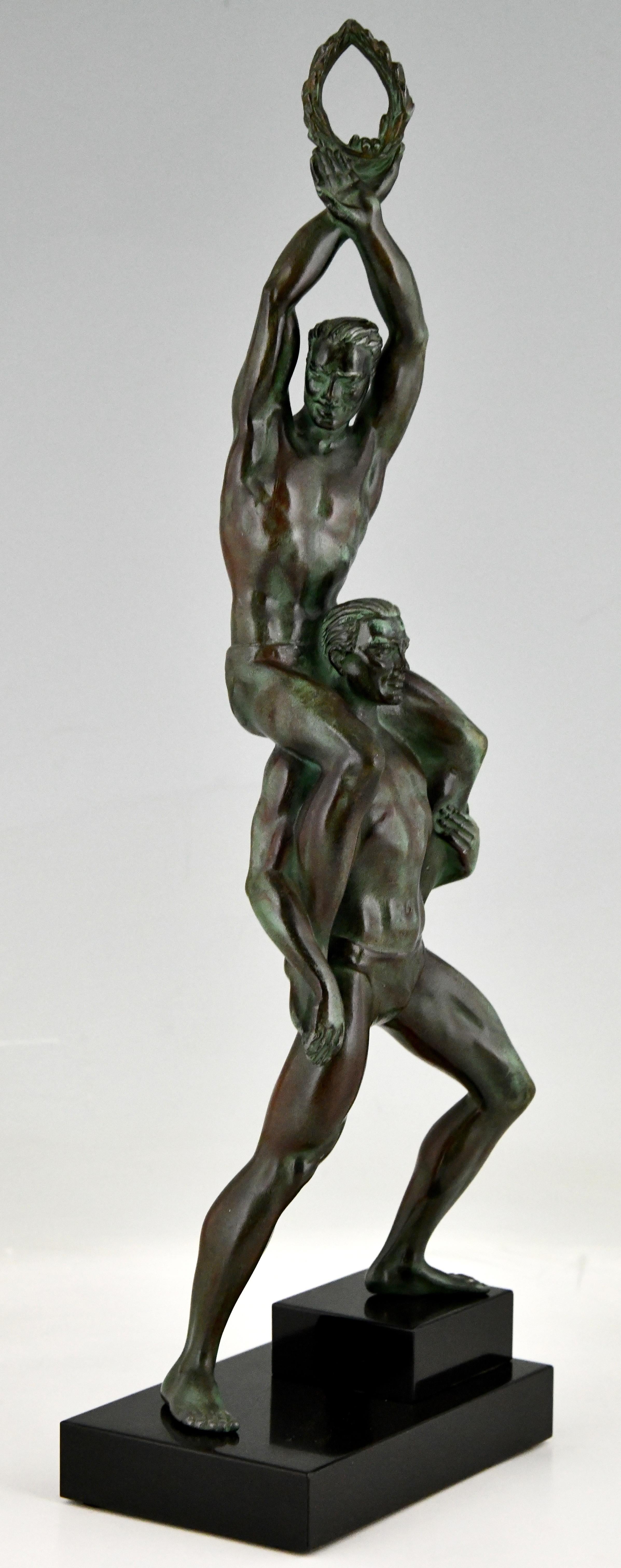 Patinated Art Deco Sculpture of 2 Athletes with Laurel Wreath by Pierre Le Faguays
