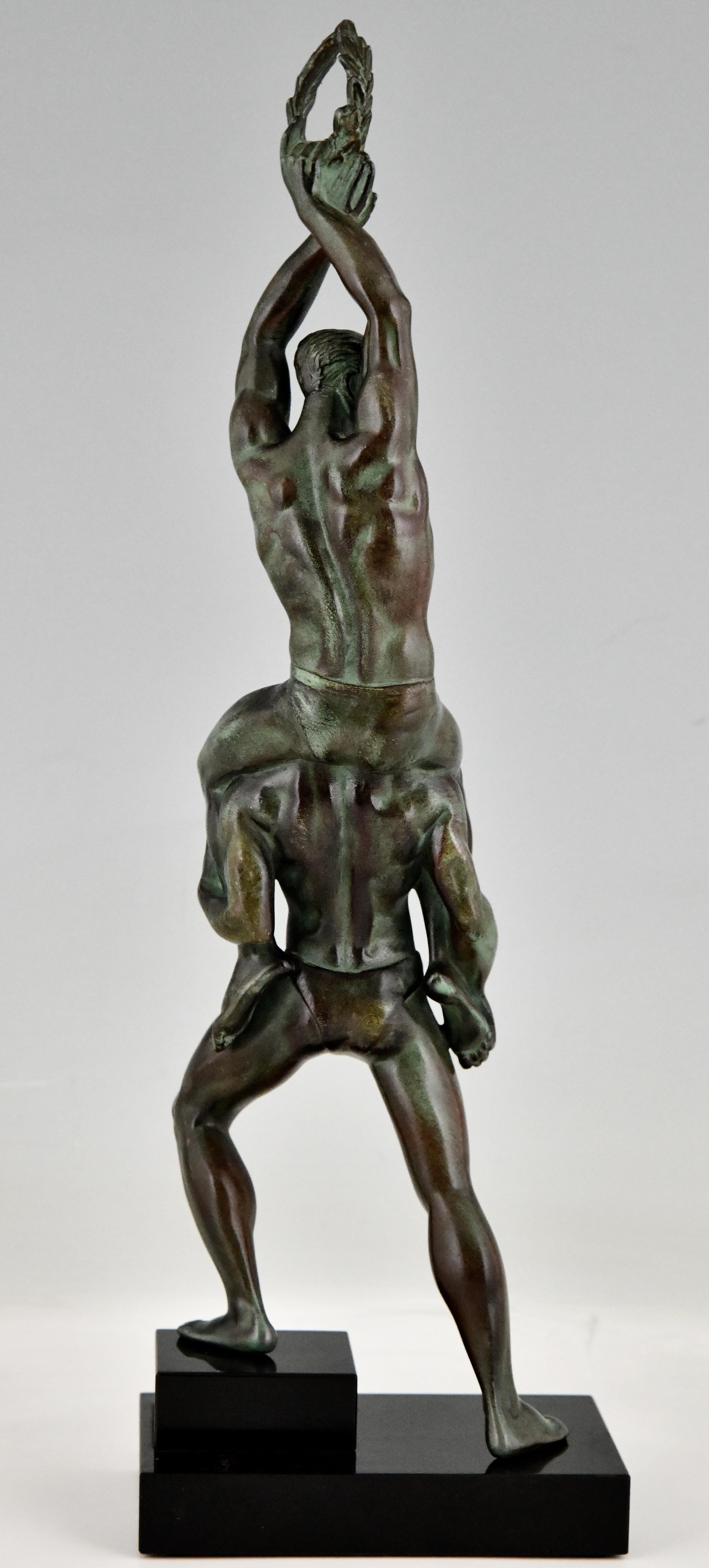 Mid-20th Century Art Deco Sculpture of 2 Athletes with Laurel Wreath by Pierre Le Faguays