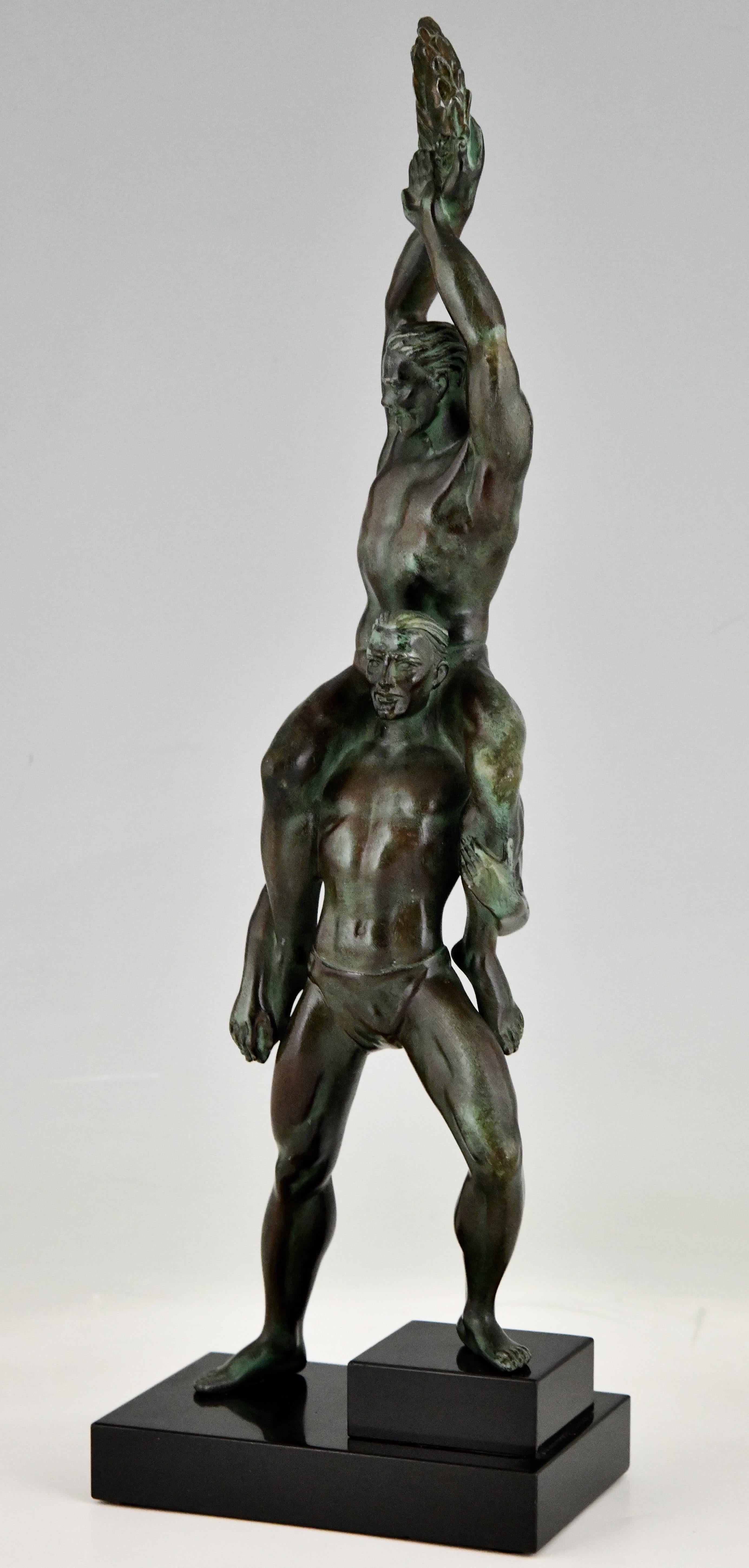 Art Deco Sculpture of 2 Athletes with Laurel Wreath by Pierre Le Faguays 1