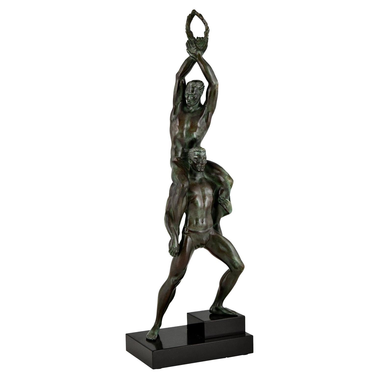 Art Deco Sculpture of 2 Athletes with Laurel Wreath by Pierre Le Faguays