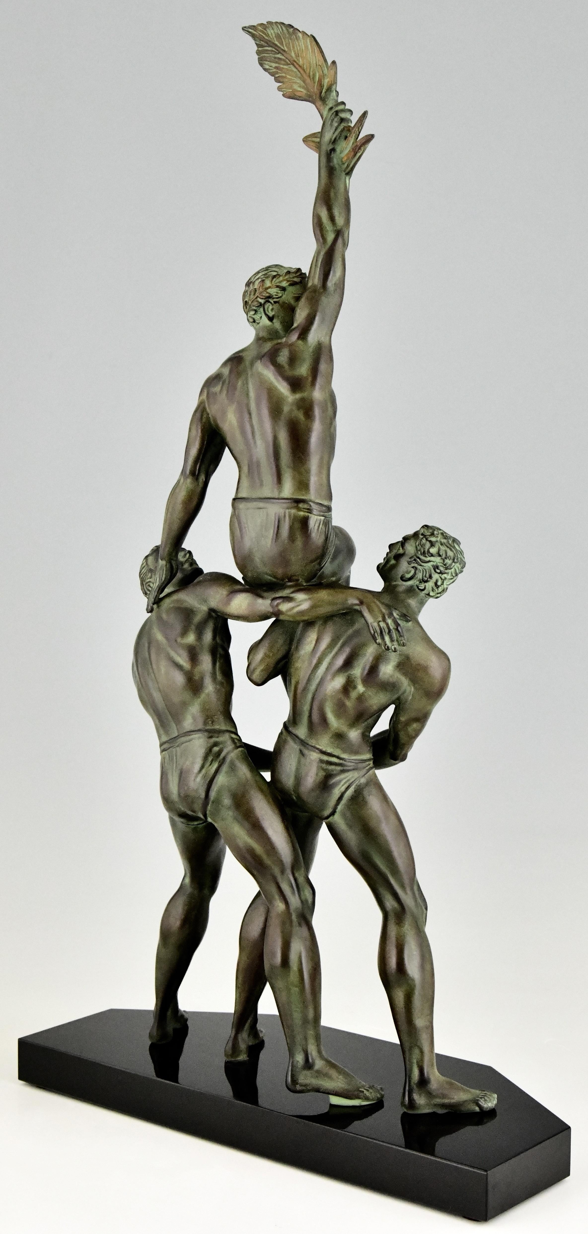 French Art Deco Sculpture of 3 Athletes with Palm Leaf Victory  Pierre Le Faguays 1930