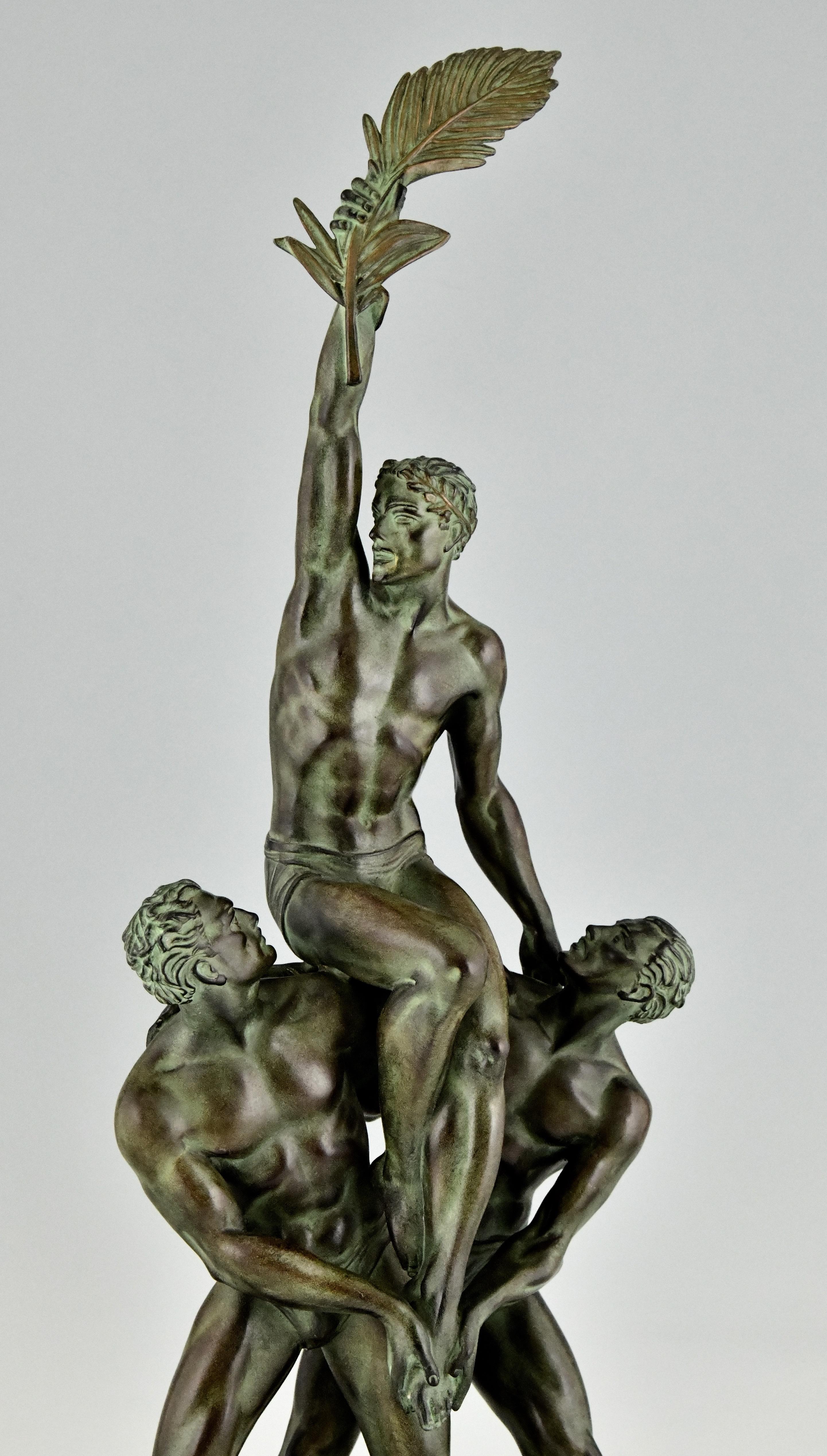 Art Deco Sculpture of 3 Athletes with Palm Leaf Victory  Pierre Le Faguays 1930 In Good Condition In Antwerp, BE