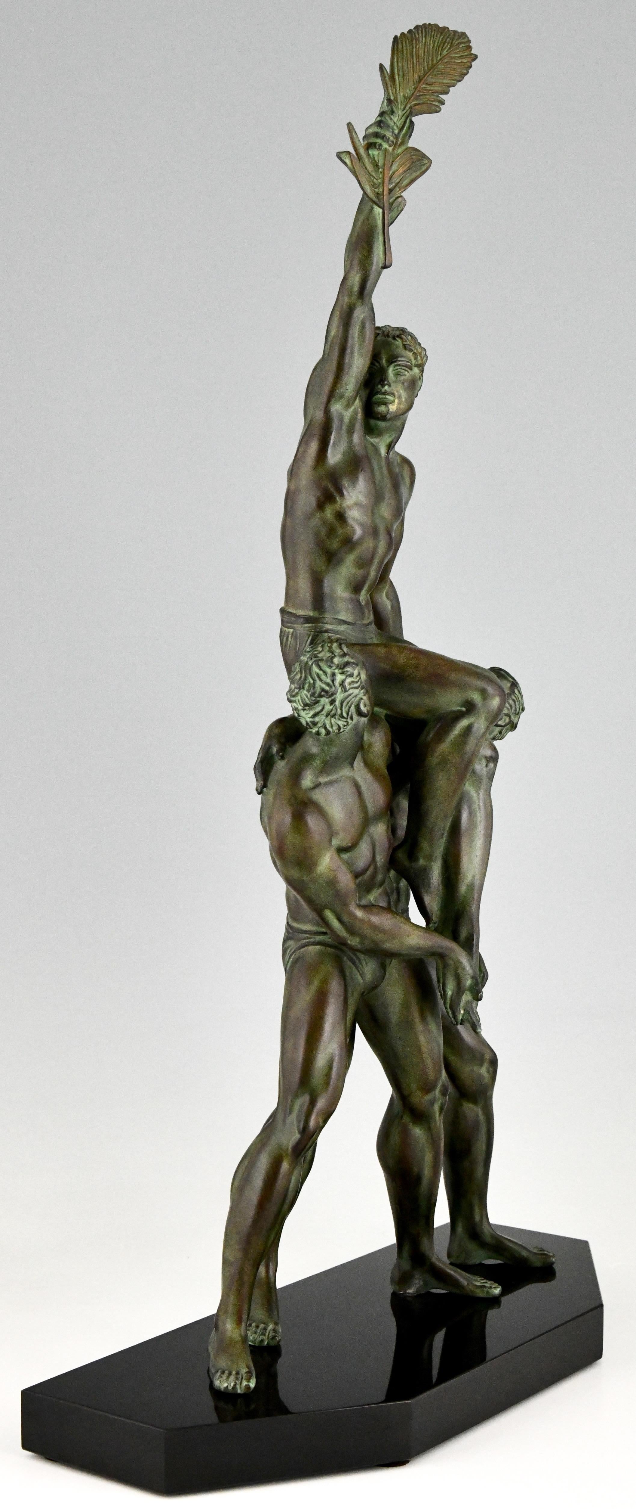 Mid-20th Century Art Deco Sculpture of 3 Athletes with Palm Leaf Victory  Pierre Le Faguays 1930