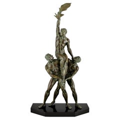 Art Deco Sculpture of 3 Athletes with Palm Leaf Victory  Pierre Le Faguays 1930