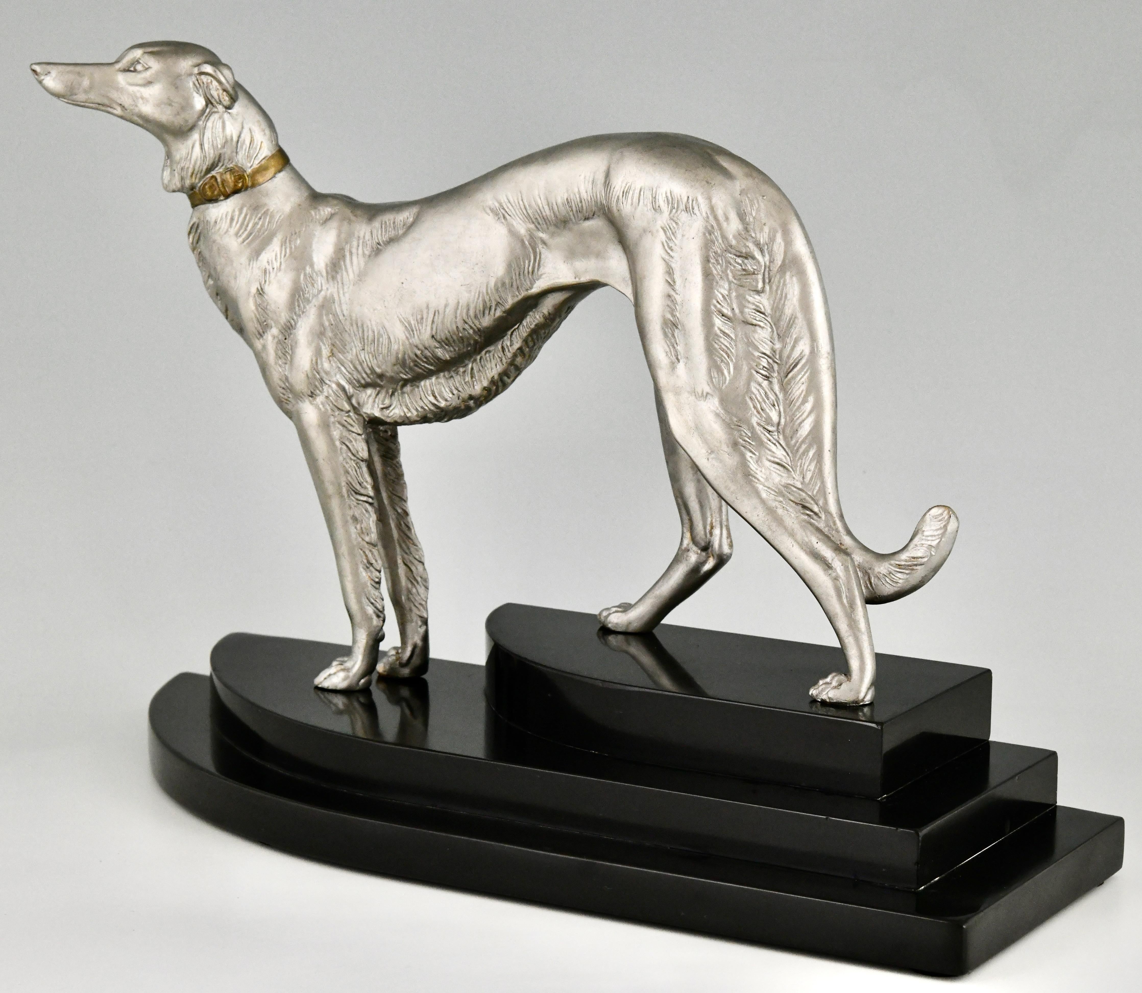 Métal Sculpture Art déco d'un chien Borzoi signée par Irenee Rochard France 1930