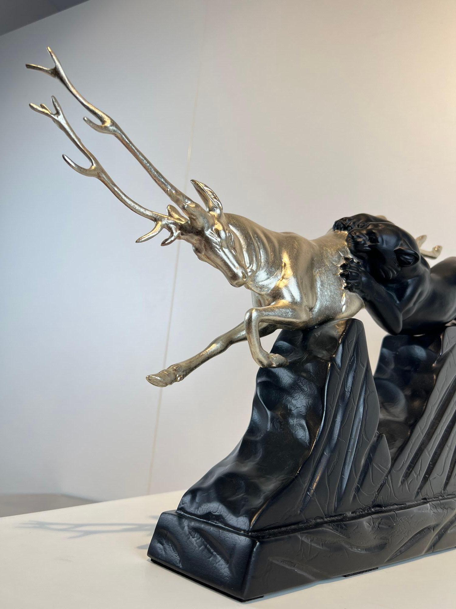 Art Deco Sculpture of a Deer and Panther by Rochard, White-Gold, France c. 1930 For Sale 4