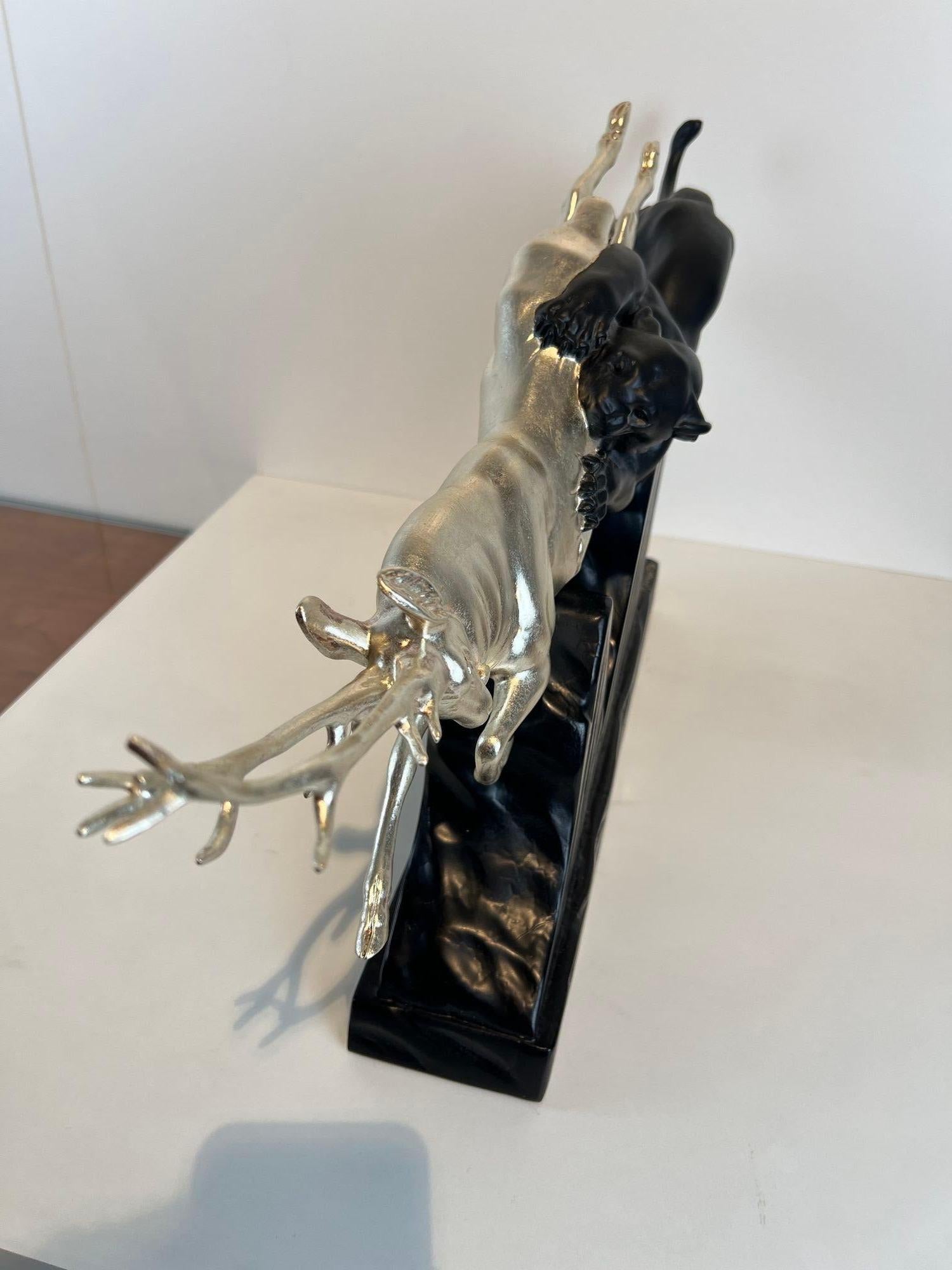 Art Deco Sculpture of a Deer and Panther by Rochard, White-Gold, France c. 1930 For Sale 5