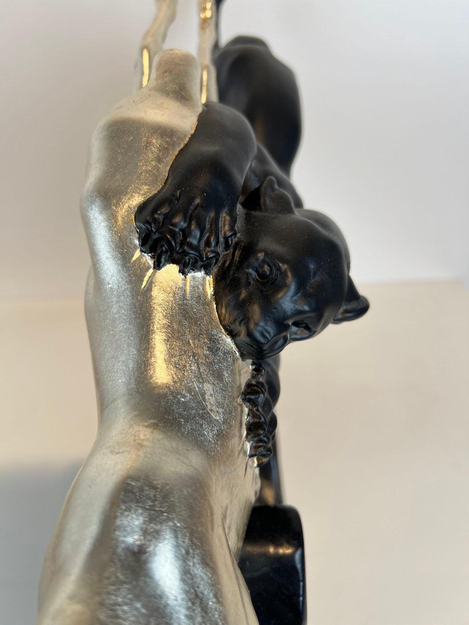 Art Deco Sculpture of a Deer and Panther by Rochard, White-Gold, France c. 1930 For Sale 8