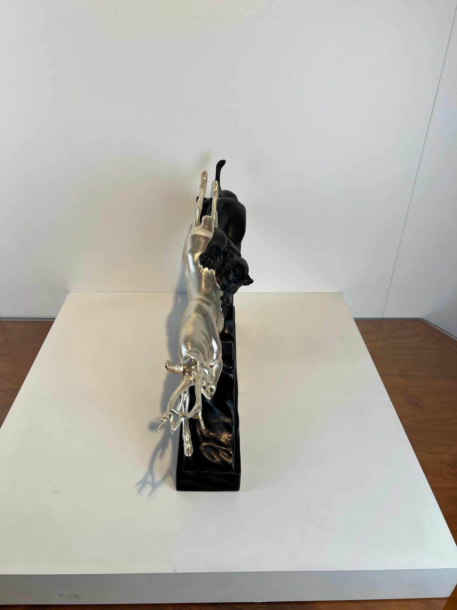 Art Deco Sculpture of a Deer and Panther by Rochard, White-Gold, France c. 1930 For Sale 9